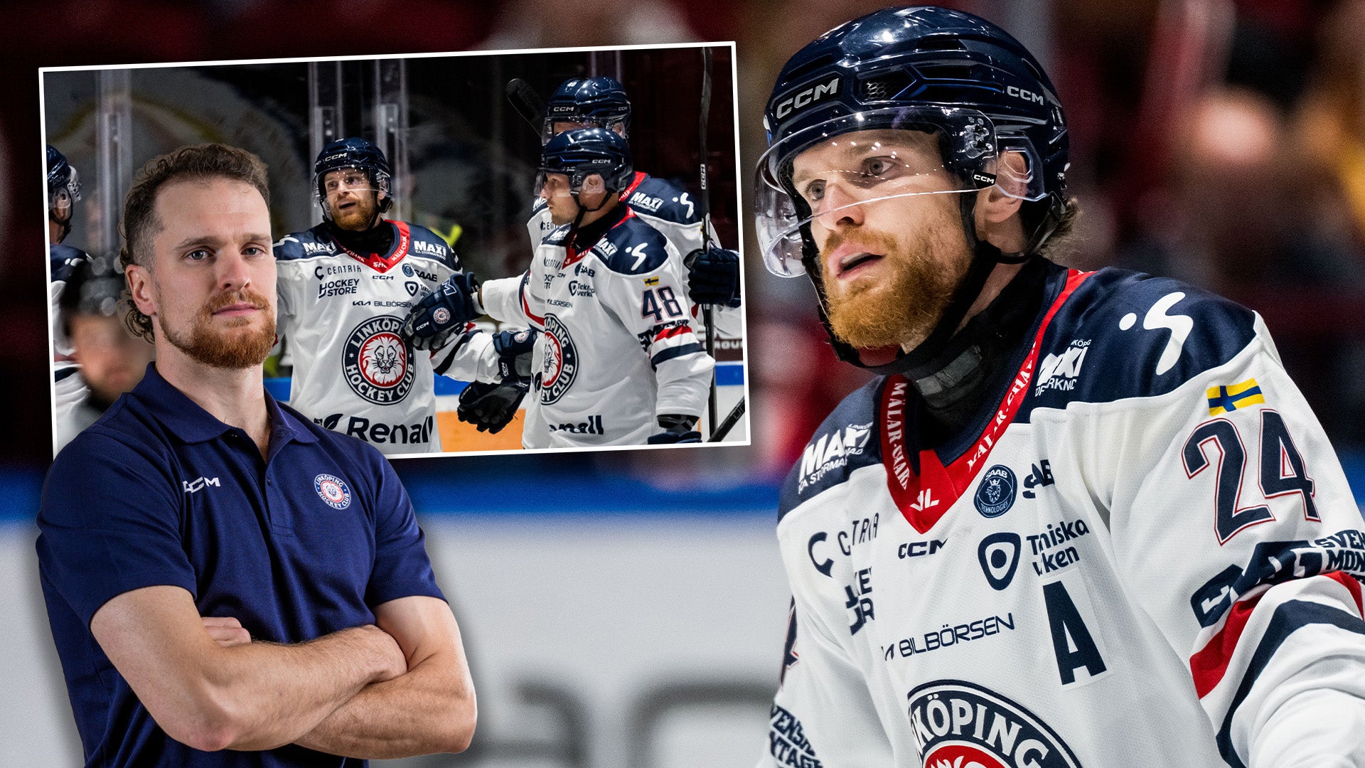En ishockeyspelare i vit matchtröja med hjälm står på isen, i bakgrunden en bild på en man i tränarkläder med armarna i kors framför spelare som firar.