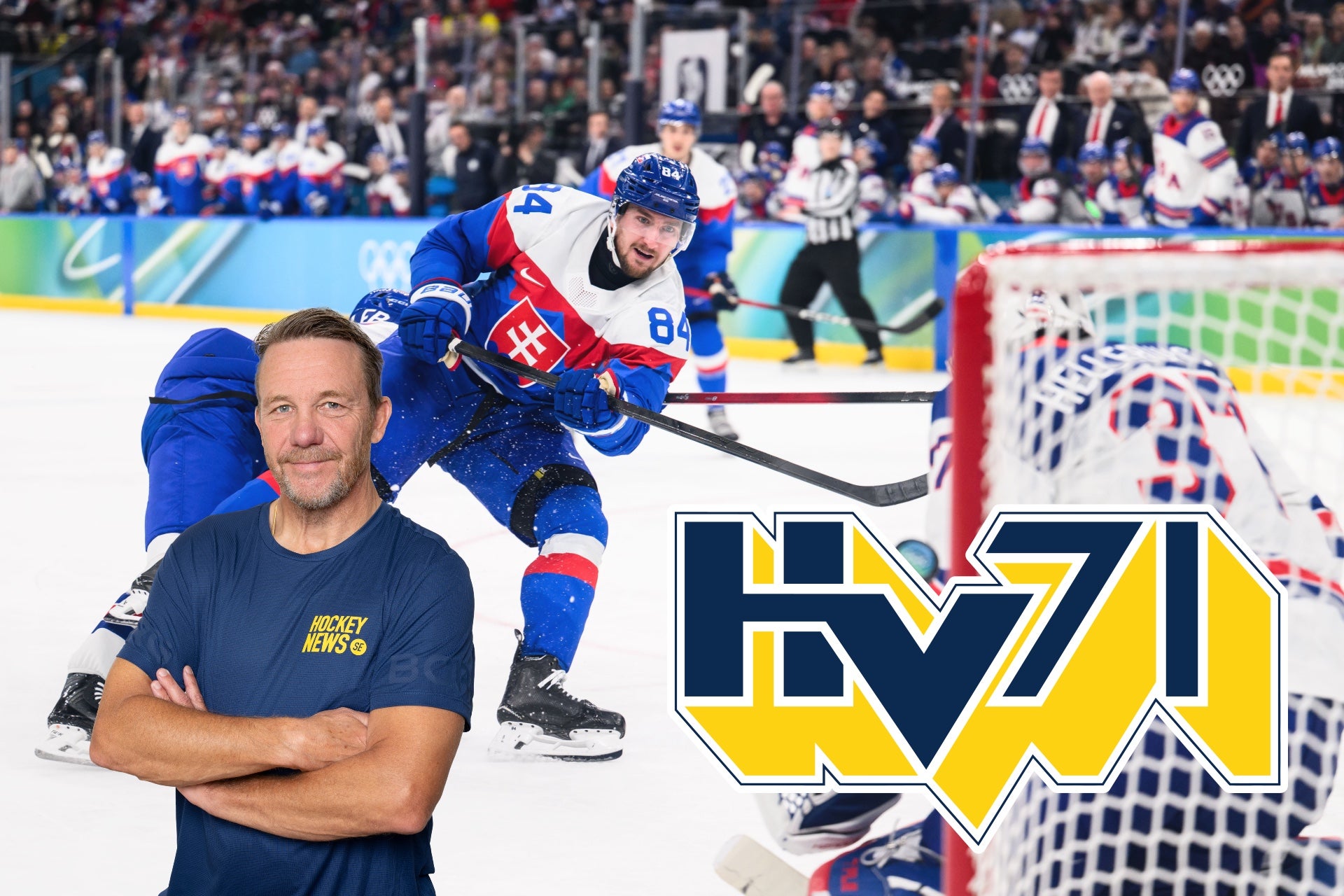 En ishockeymatch pågår i bakgrunden medan en man med korslagda armar står i förgrunden, tillsammans med HV71:s logotyp.