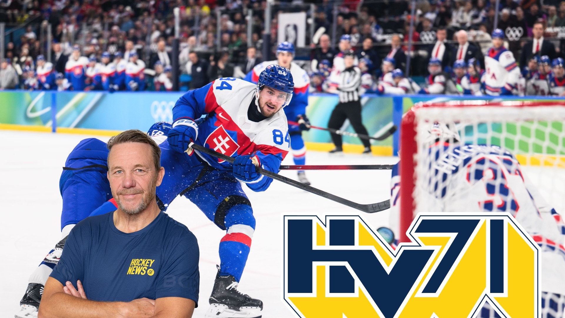 En ishockeymatch pågår i bakgrunden medan en man med korslagda armar står i förgrunden, tillsammans med HV71:s logotyp.