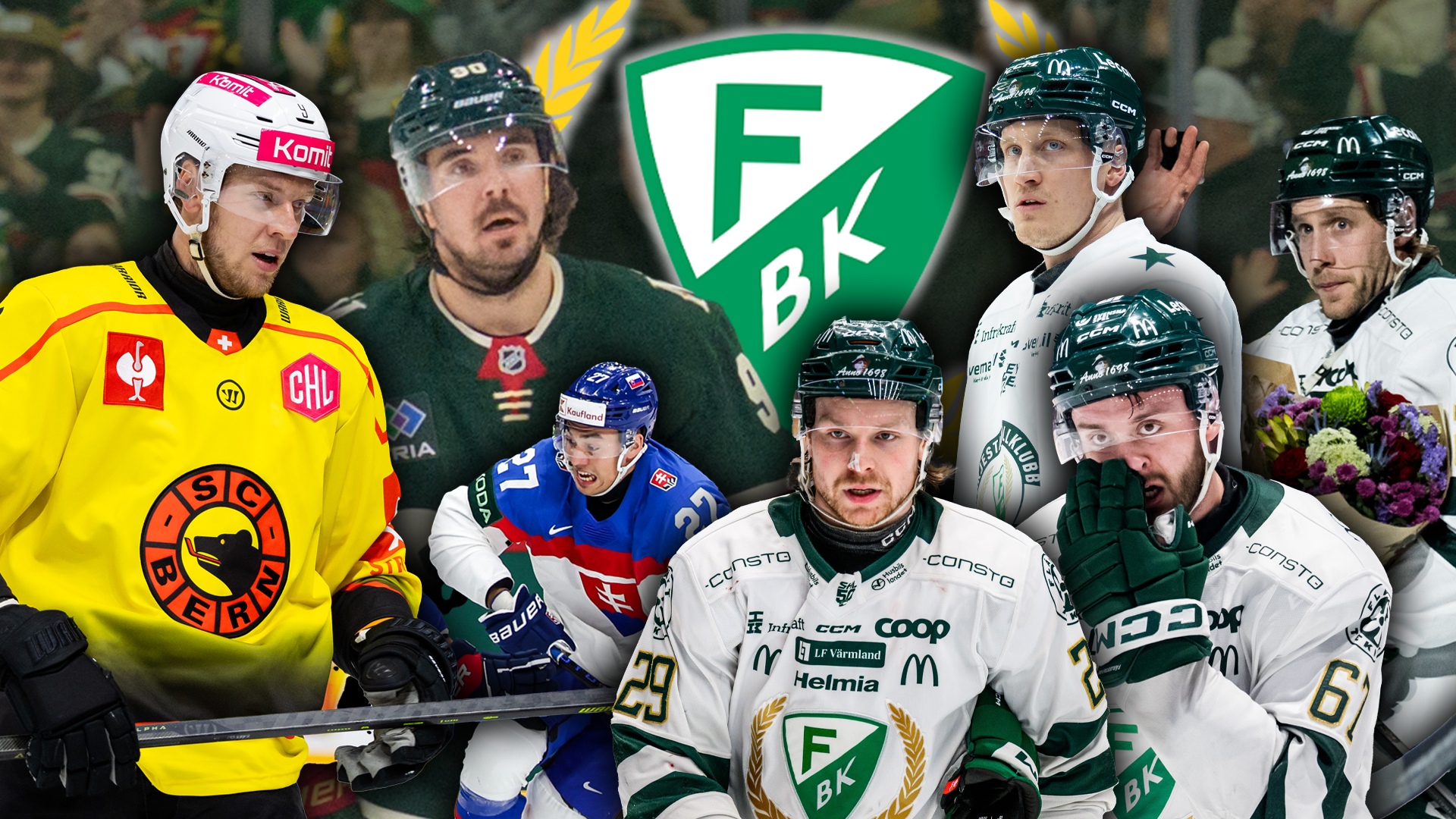 Kollage med ishockeyspelare i olika trikåer och BFK-logon.