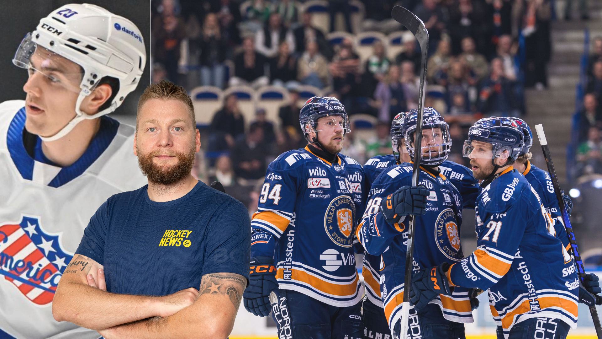 Kollage med hockeyspelares porträtt och lag under match i blå och orange uniformer.