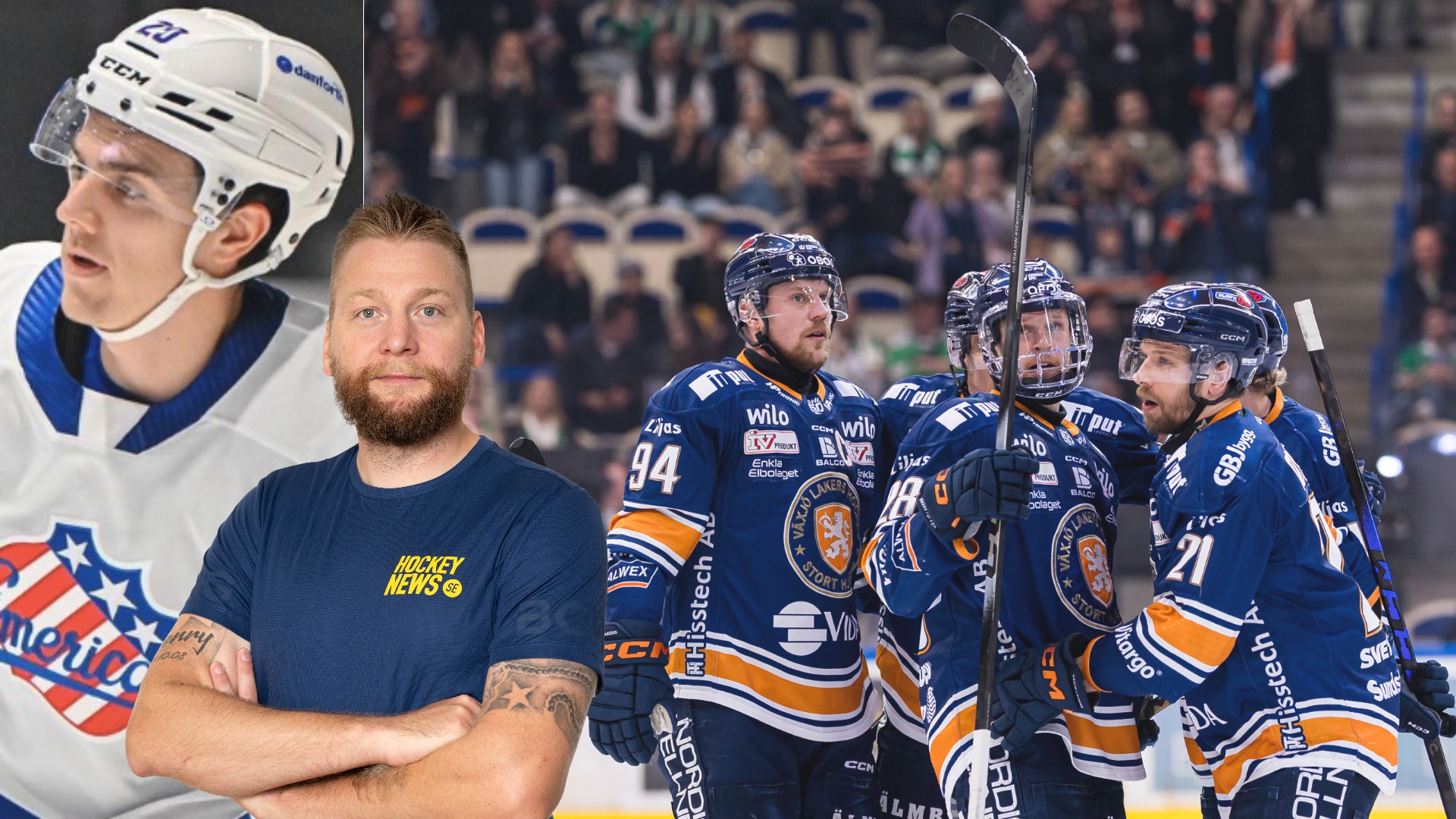 Kollage med hockeyspelares porträtt och lag under match i blå och orange uniformer.