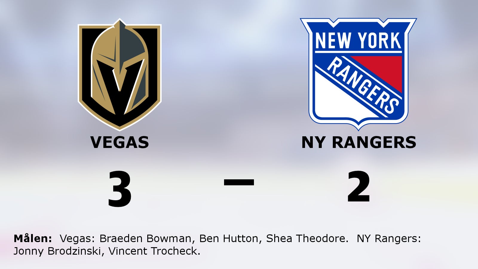 Uddamålsseger för Vegas mot NY Rangers