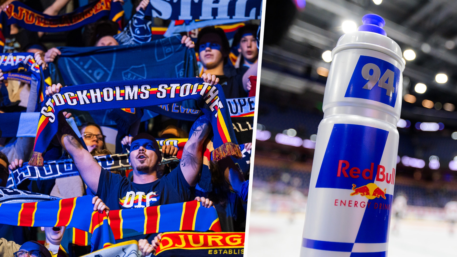 Sammansatt bild med hockeyanhängare i blå och röda färger på vänster sida och en Red Bull-energidryck på höger sida.