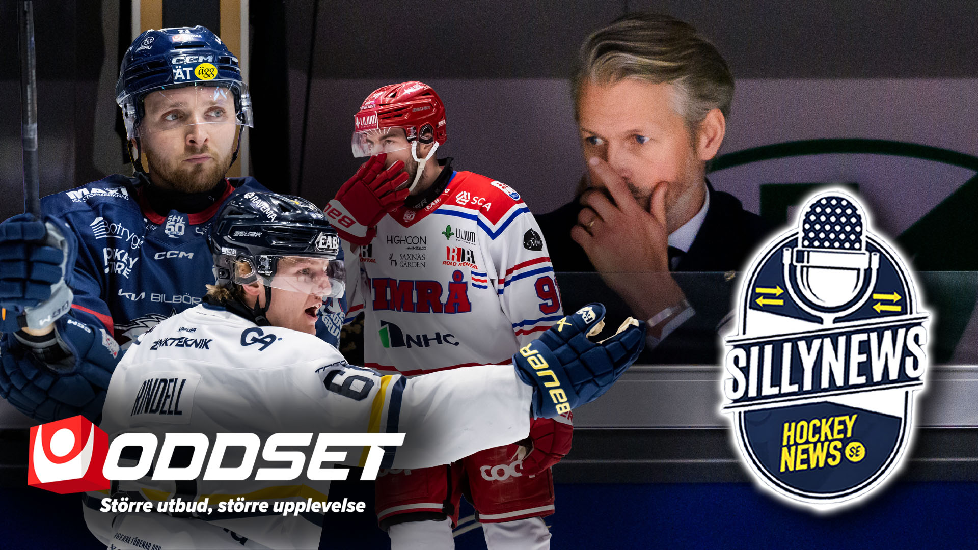 Collage med hockeyspelare i blå och röda uniformer tillsammans med logotyper för ODDSET och Sillynews Hockey News.