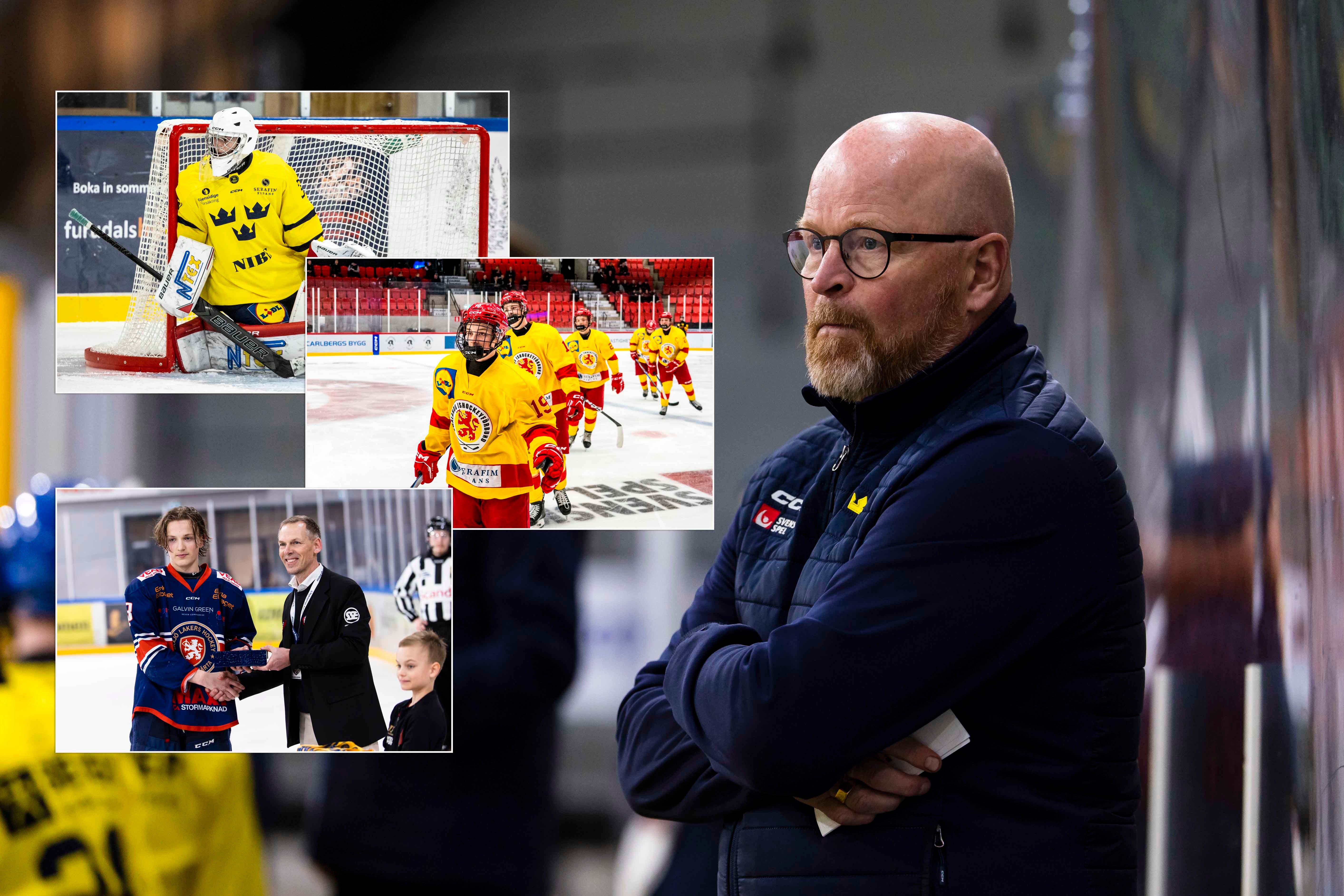 Kollage med en man i mörkblå jacka och glasögon tillsammans med bilder från ishockeyträning och match, inklusive spelare i gula och röda trikåer och en målvakt.