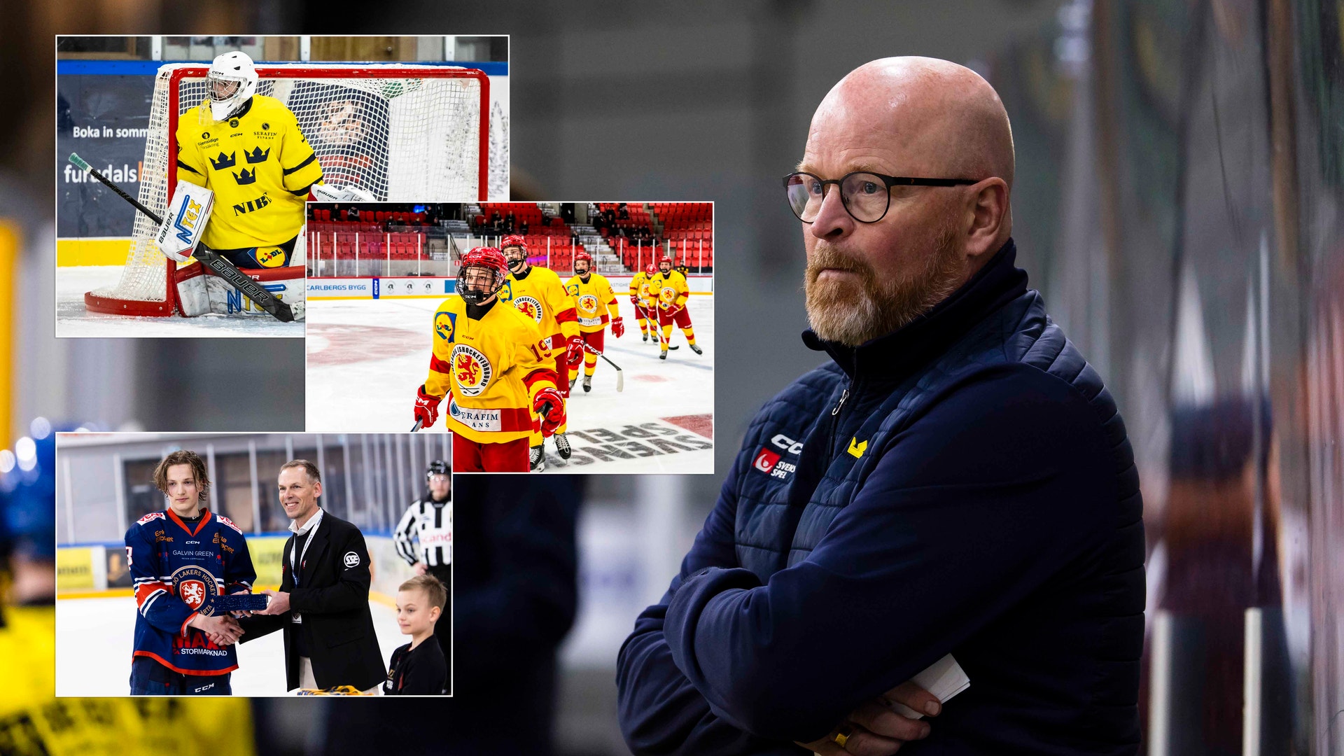 Kollage med en man i mörkblå jacka och glasögon tillsammans med bilder från ishockeyträning och match, inklusive spelare i gula och röda trikåer och en målvakt.