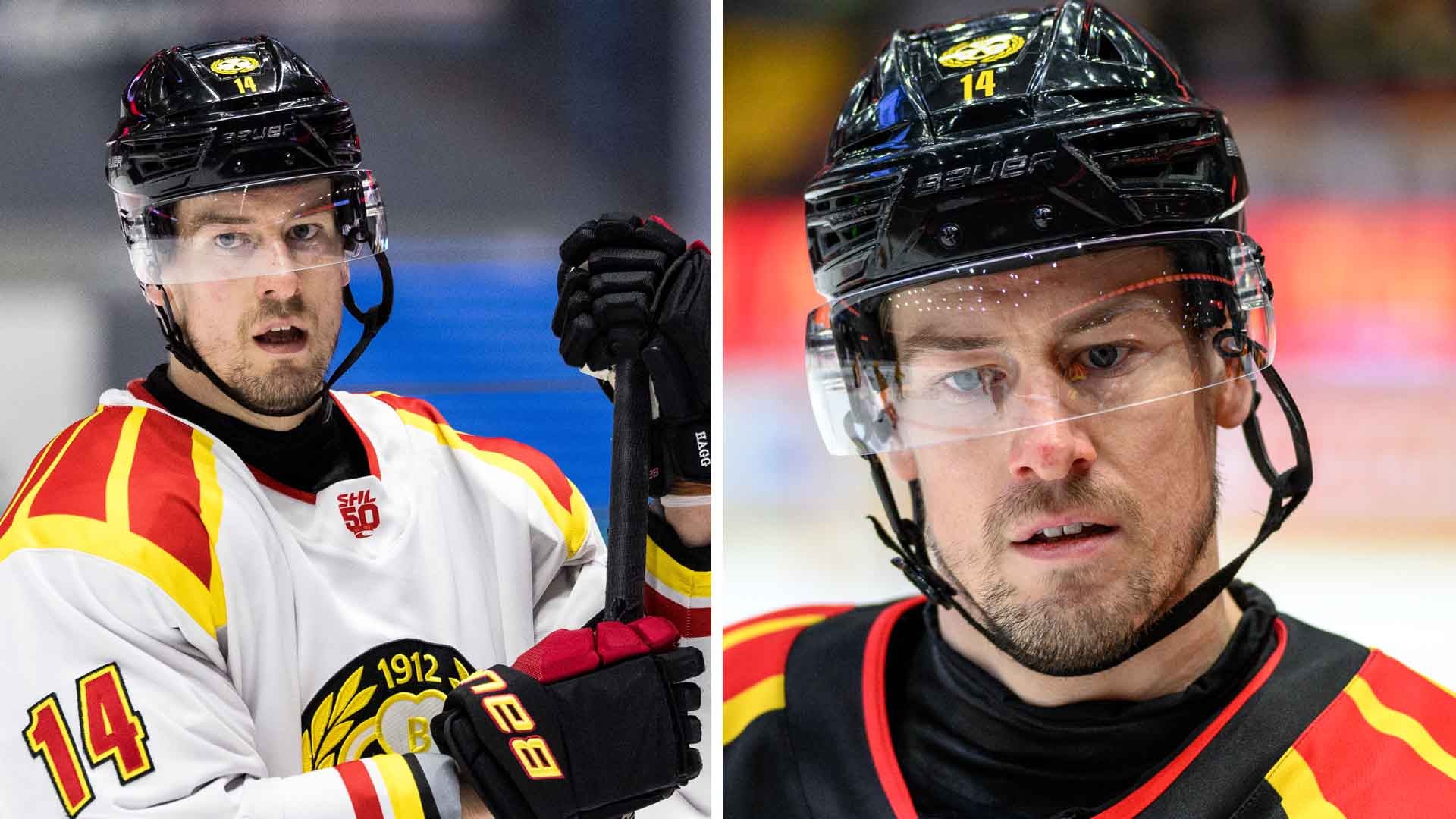 Två ishockeyspelare i röd och gul ishockeyutrustning med hjälm och skyddsutrustning.