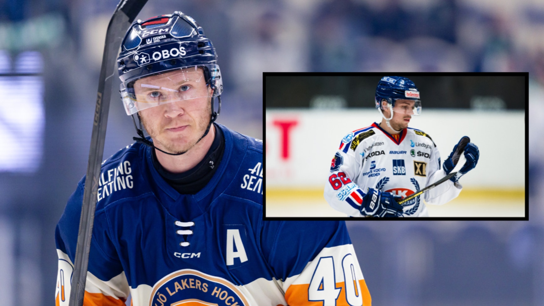 Hockeyspelare i mörkblå tröja med A-märke för lagkapten, håller en hockeyklubba. En mindre bild visar en annan spelare i vit tröja.