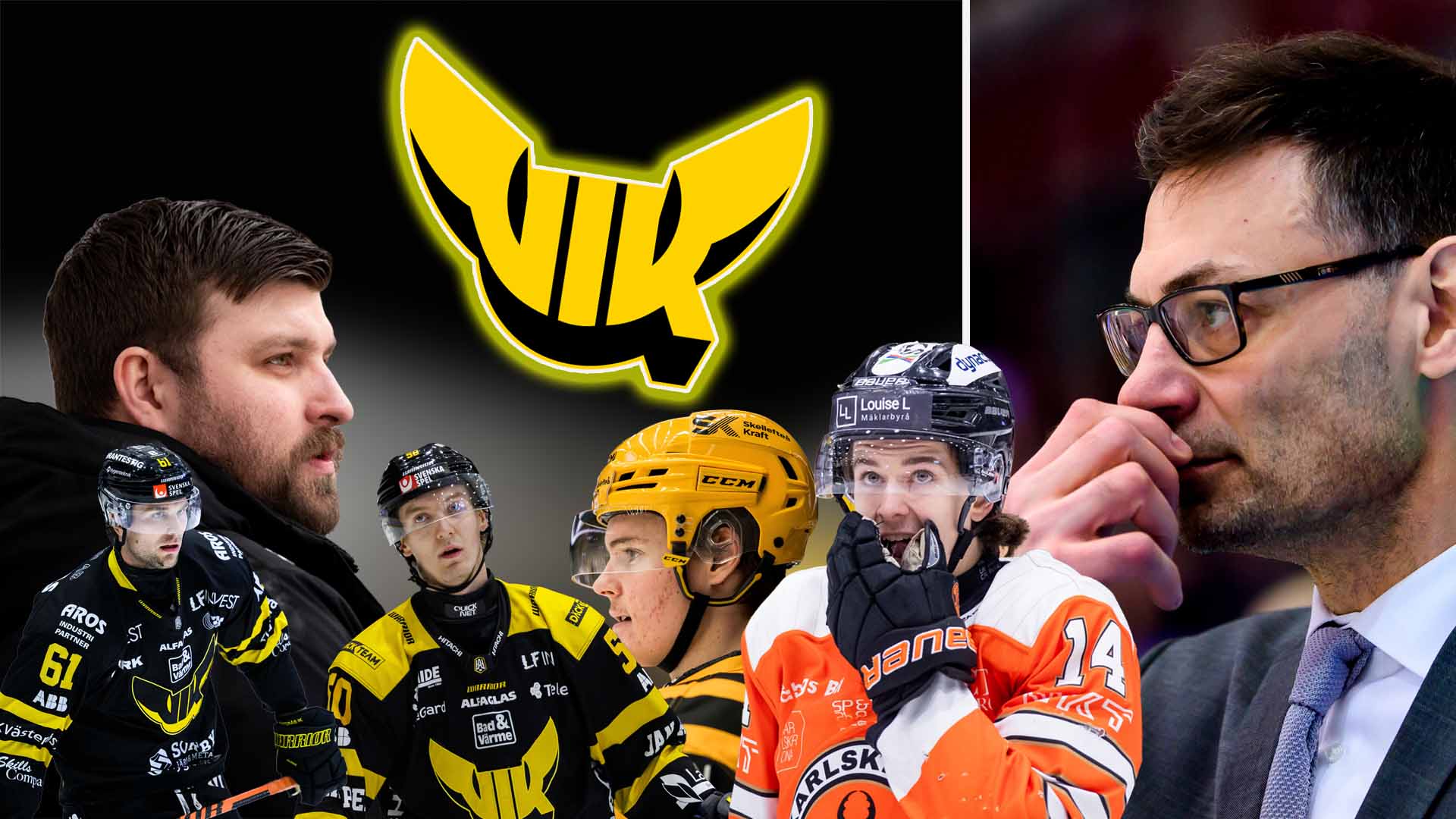 Collage med ishockeyspelare i gula och svarta uniformer samt en man i kostym, med ett gult lag-emblem i mitten.