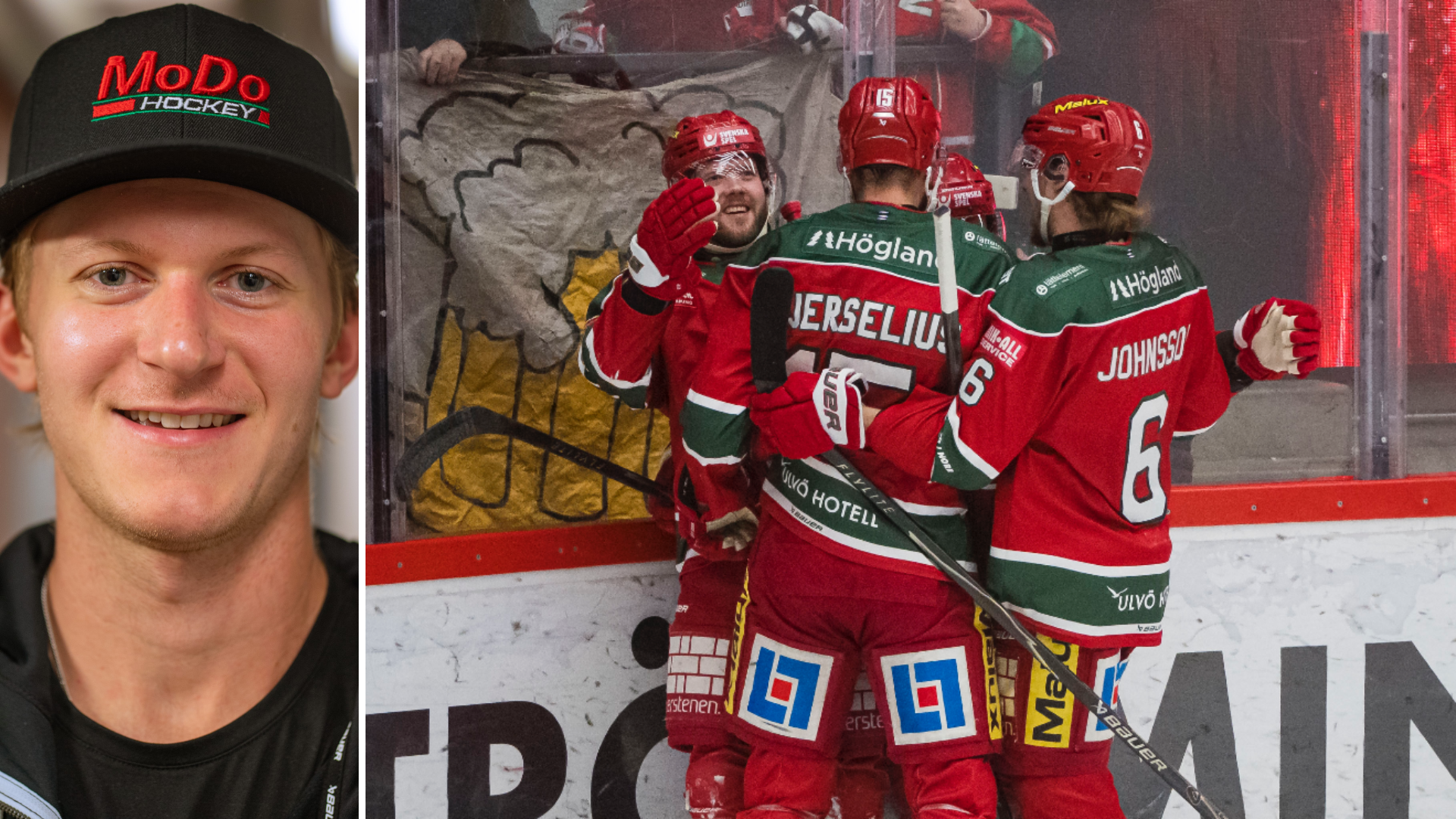 Bildkollage med en porträttbild av en man i MoDo Hockey-keps och tre ishockeyspelare i röda matchtröjor som firar tillsammans på isen.