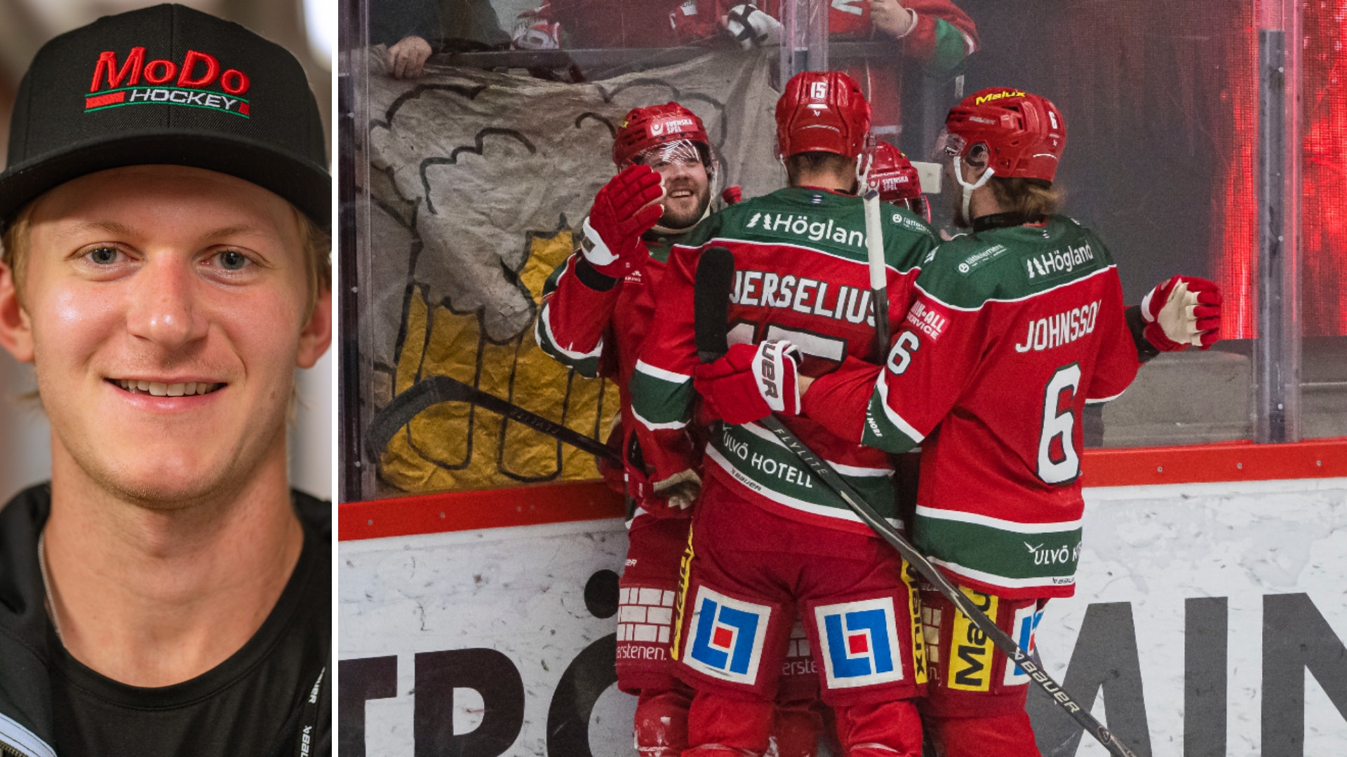 Bildkollage med en porträttbild av en man i MoDo Hockey-keps och tre ishockeyspelare i röda matchtröjor som firar tillsammans på isen.