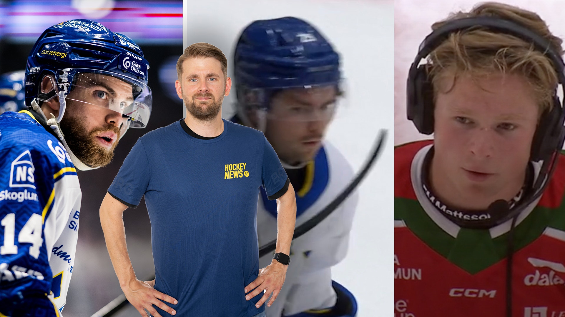 Collage med fyra porträtt av hockeyspelare och hockeyentusiaster i olika åldrar och uniform.