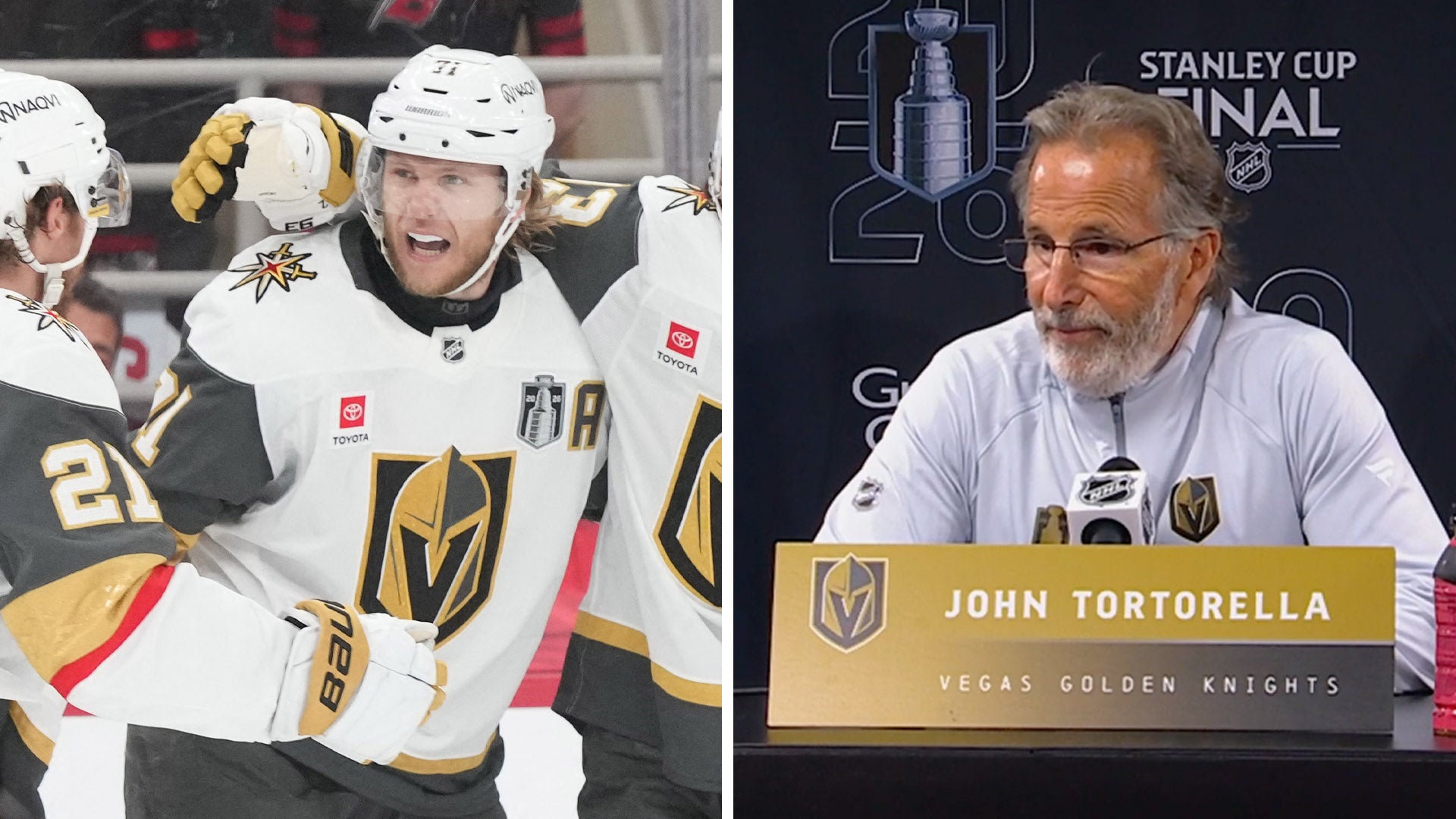 Kollage med ishockeyspelare i Vegas Golden Knights tröja och tränare John Tortorella vid en presskonferens.