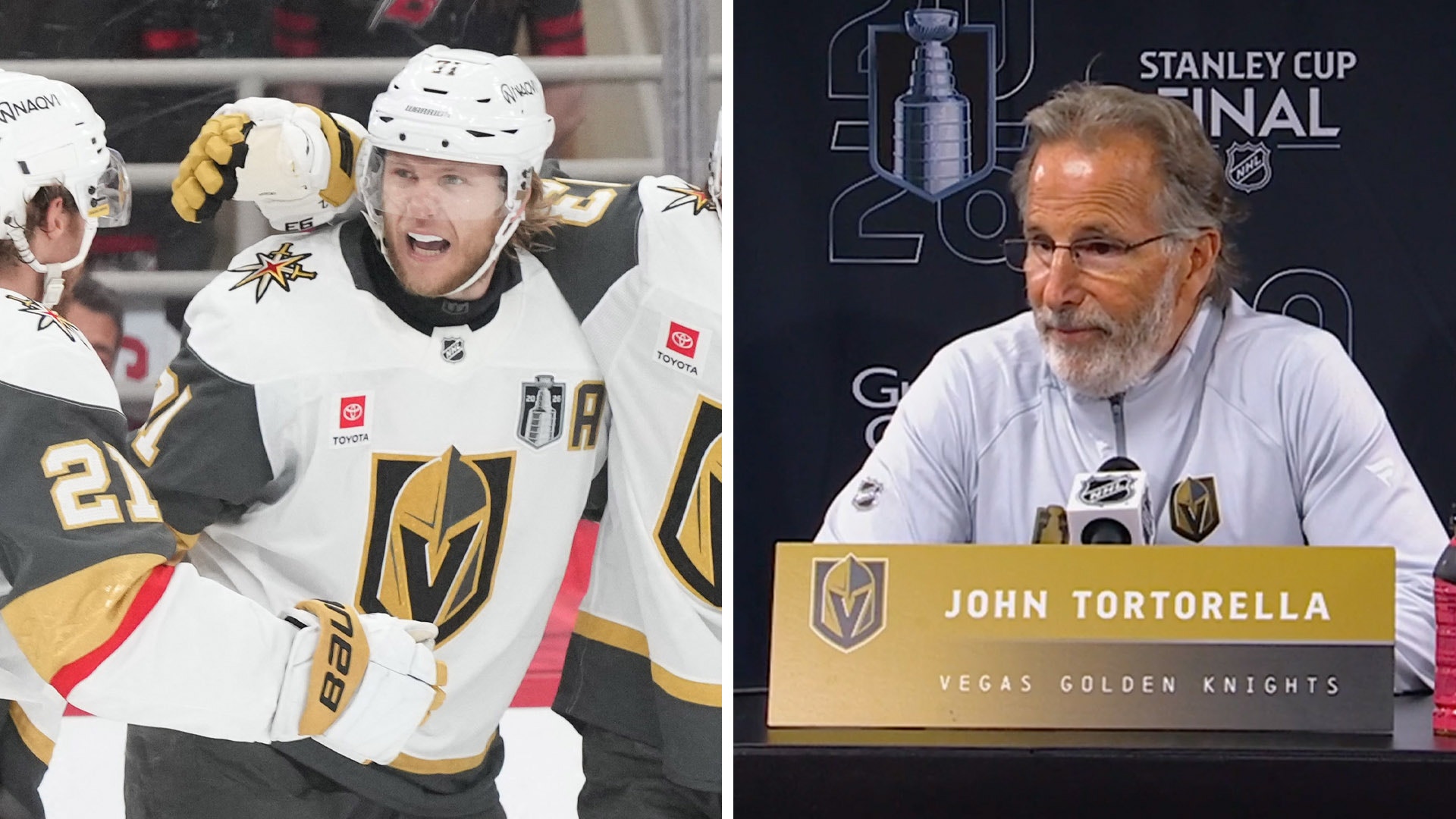 Kollage med ishockeyspelare i Vegas Golden Knights tröja och tränare John Tortorella vid en presskonferens.