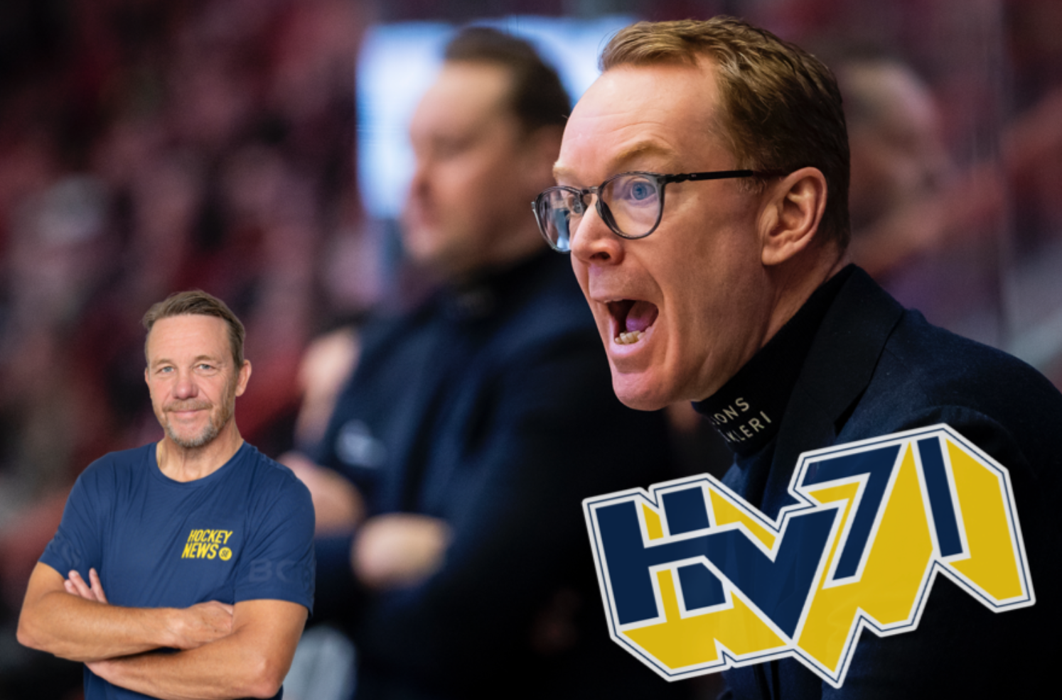 Man med glasögon i hockeytröja reagerar intensivt under en match, med en annan man i bakgrunden.