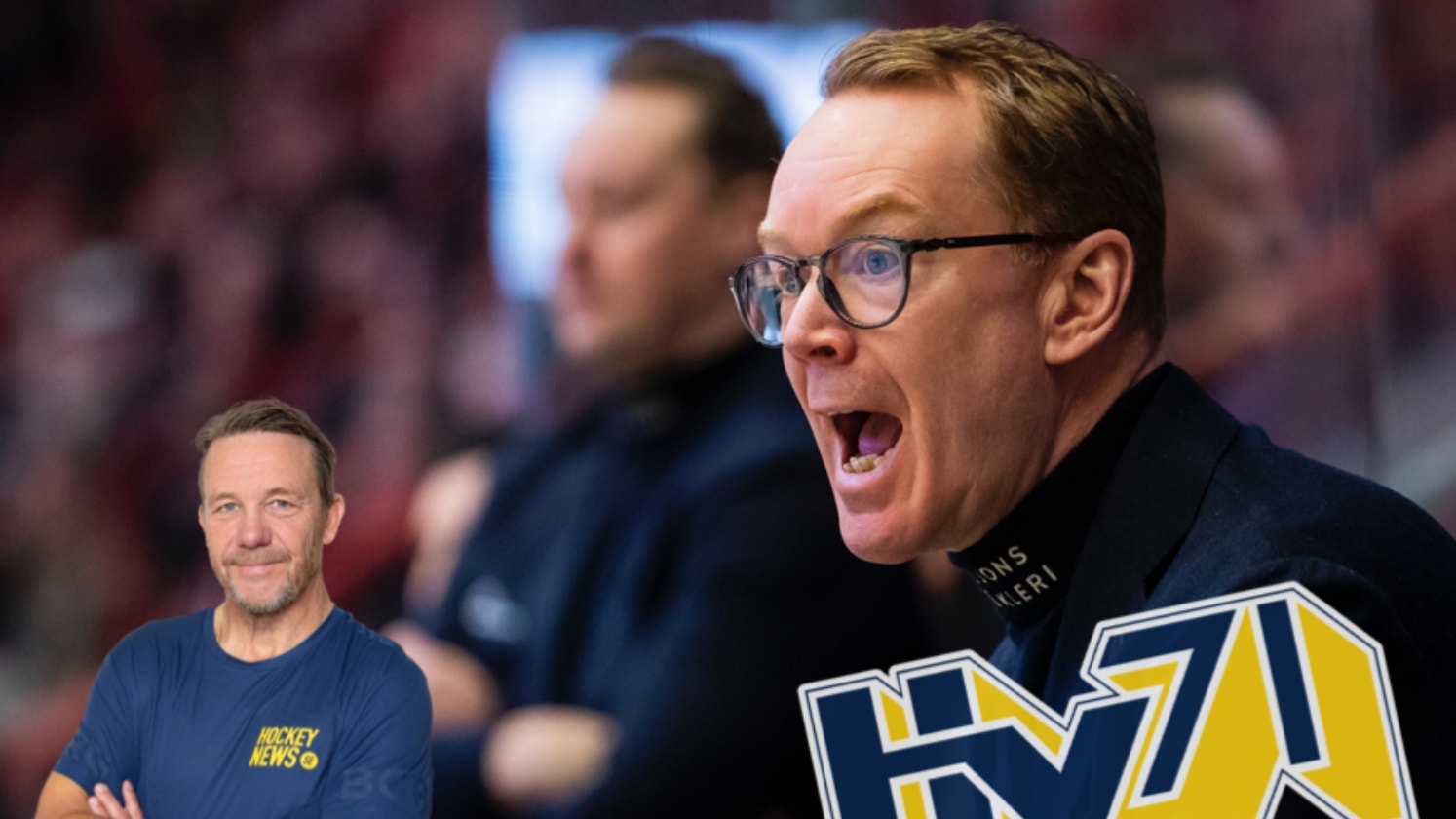 Man med glasögon i hockeytröja reagerar intensivt under en match, med en annan man i bakgrunden.
