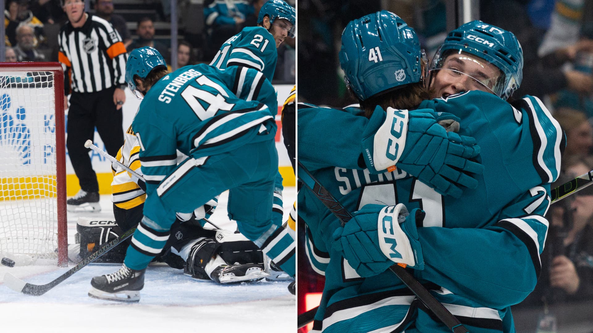 Collage med två bilder från en ishockeymatch. Till vänster skjuter en spelare i blågrön tröja pucken i mål framför en målvakt. Till höger kramar två spelare i blågröna tröjor om varandra och firar.