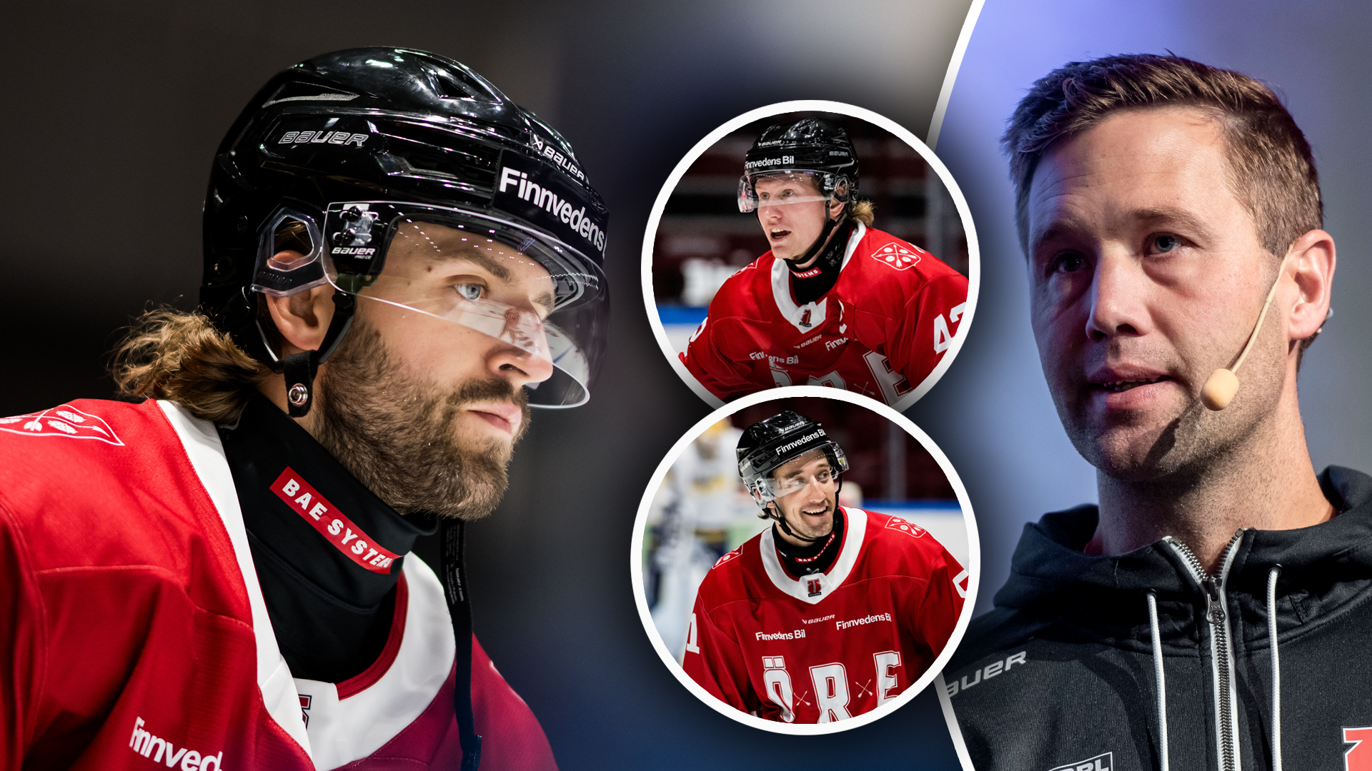Kollage med hockeyspelare. En spelare i röd och svart tröja med hjälm i förgrunden, två mindre bilder av andra spelare i röda tröjor i mitten, och en man i svart jacka till höger.