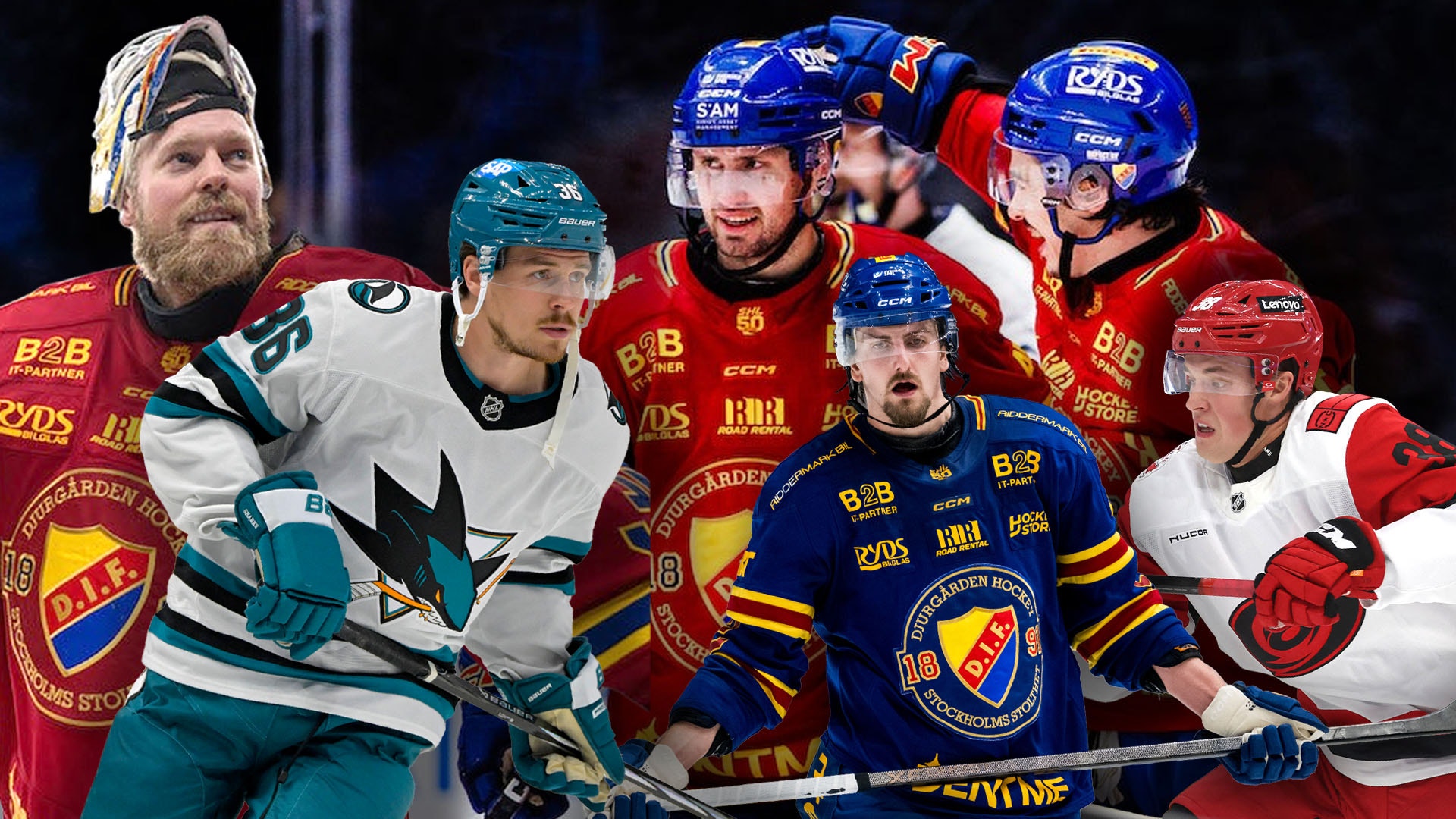 Grupp av ishockeyspelare från olika lag i sina trikåer, samlade tillsammans på isen.