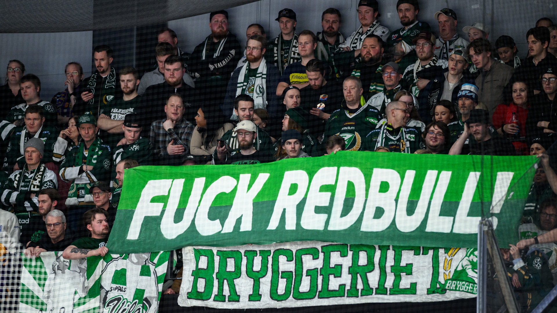 En grupp hockeysupportrar på läktaren håller upp en grön och vit banderoll med en provocerande slogan under en ishockeymatch.