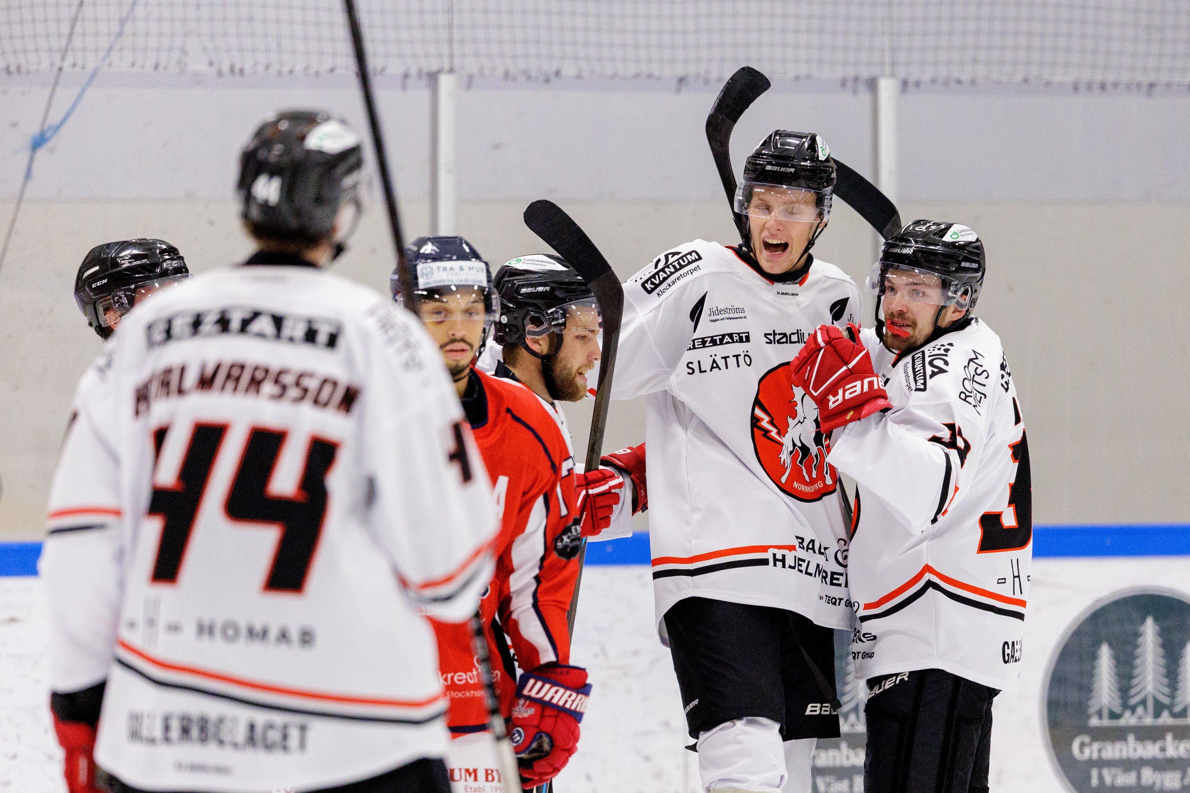 Ishockeyspelare i vita och röda matchtröjor jublar och samtalar på isen under en match.