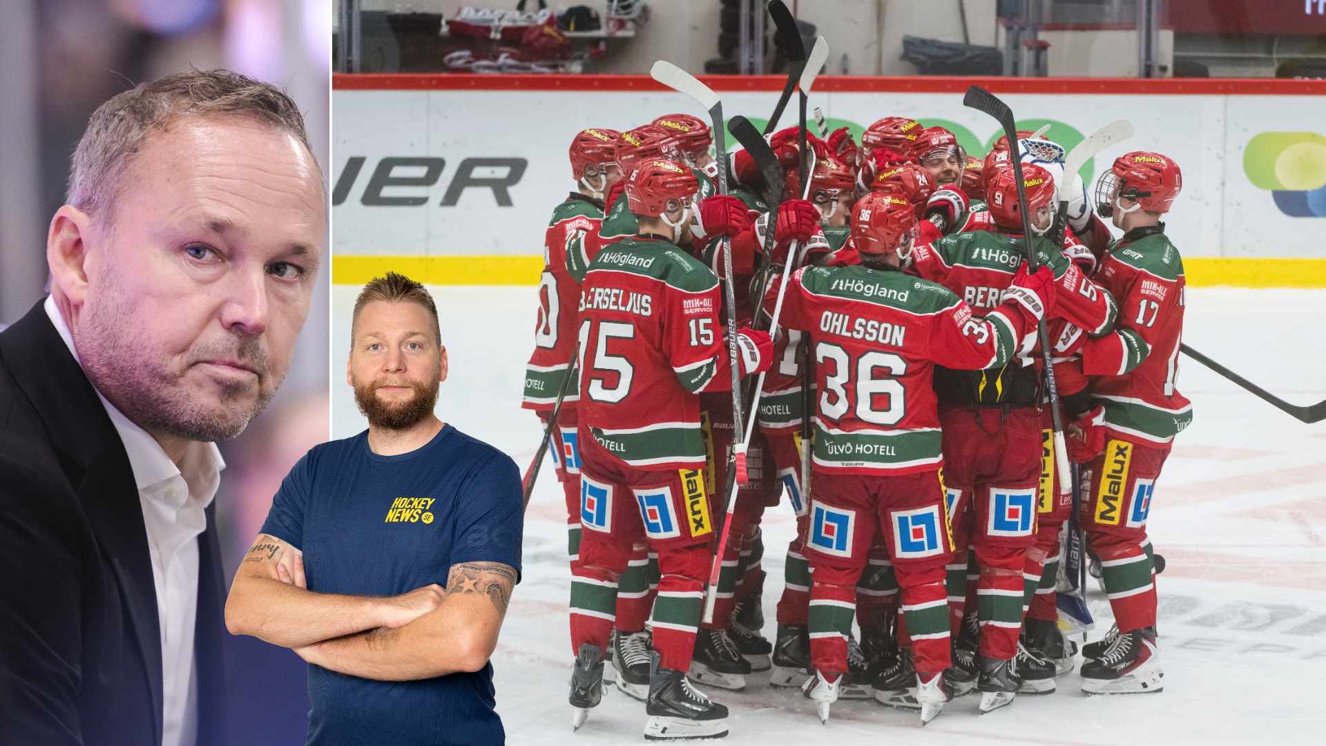 Collage med ishockeyrelaterade porträtt: man i kostym, man i mörkblå t-shirt och ishockeylag i röda tröjor som står tillsammans på isen.