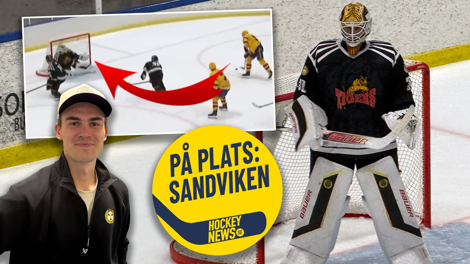 Collage från Hockey News om ishockey i Sandviken. Visar en person i hockey-uniform, en taktisk illustration av ishockeyspel, och en målvakt i målposition.