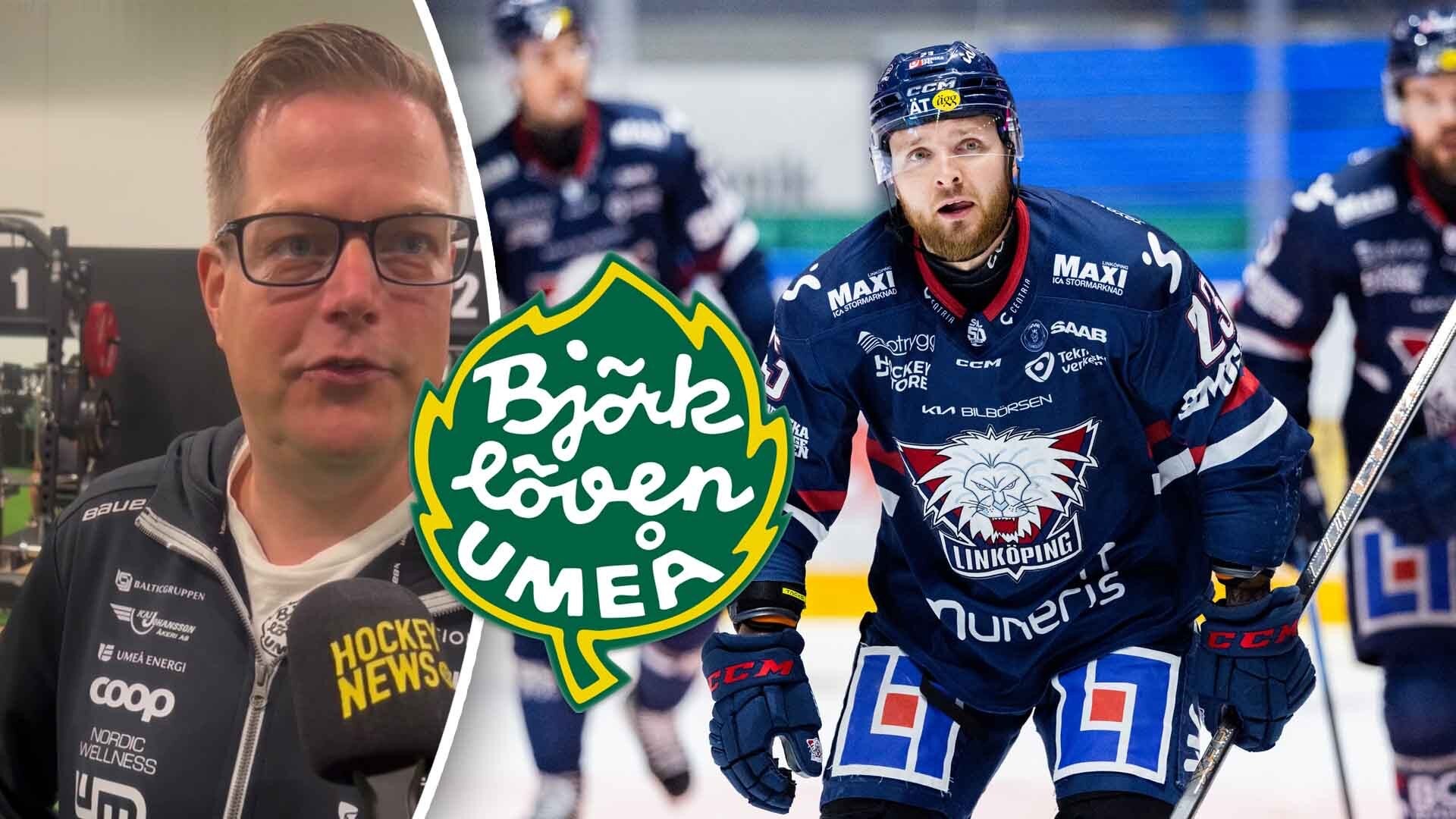 Sammansatt bild med Björklöven Umeå-loggan i mitten. Till vänster en man med glasögon och Hockey News-märke, till höger en ishockeyspelare i mörkblå lag-tröja på isen.