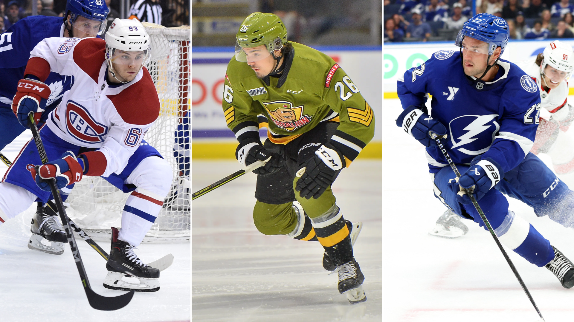 Collage med tre ishockeyspelare i aktion under match. Spelaren till vänster bär röd och vit tröja, i mitten en spelare i gul och svart tröja, och till höger en spelare i blå tröja.