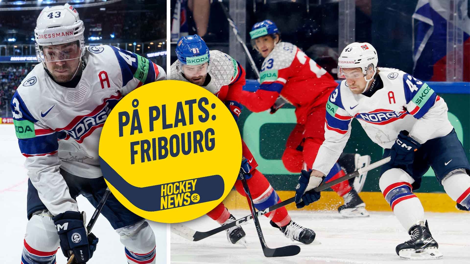 Ishockeyspelare i aktion under en match. Collage med flera spelare från olika lag som spelar med puck på isen. Gult märke med texten "PÅ PLATS: FRIBOURG" från Hockey News.