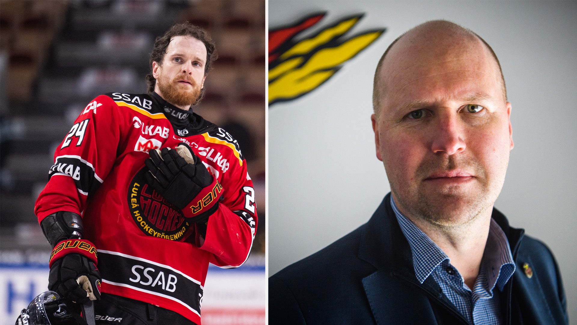 Två porträtt sida vid sida: till vänster en ishockeyspelare i röd tröja med sponsor-logotyper, till höger en man i blå skjorta och mörkblå kavaj.