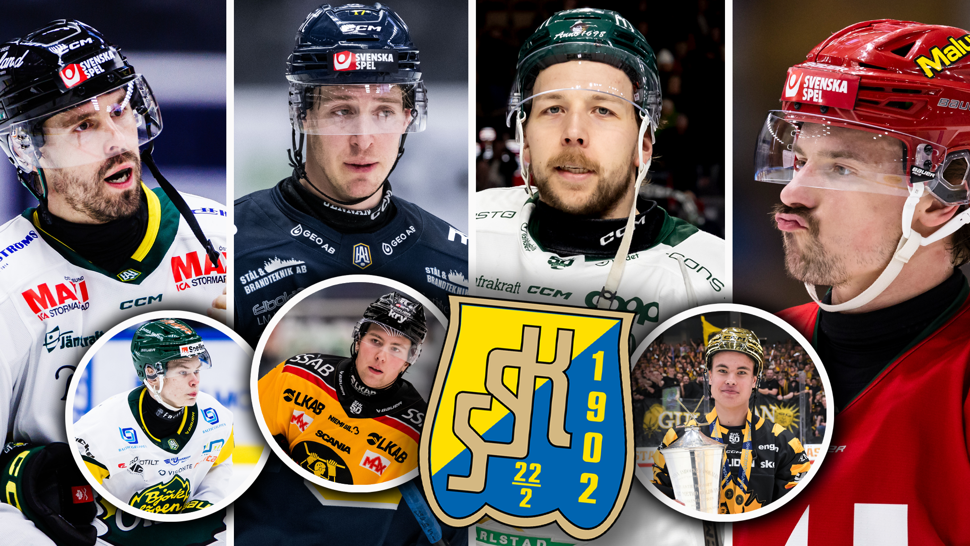 Collage med ishockeyspelare i olika lag-uniformer tillsammans med ett lag-emblem i mitten.