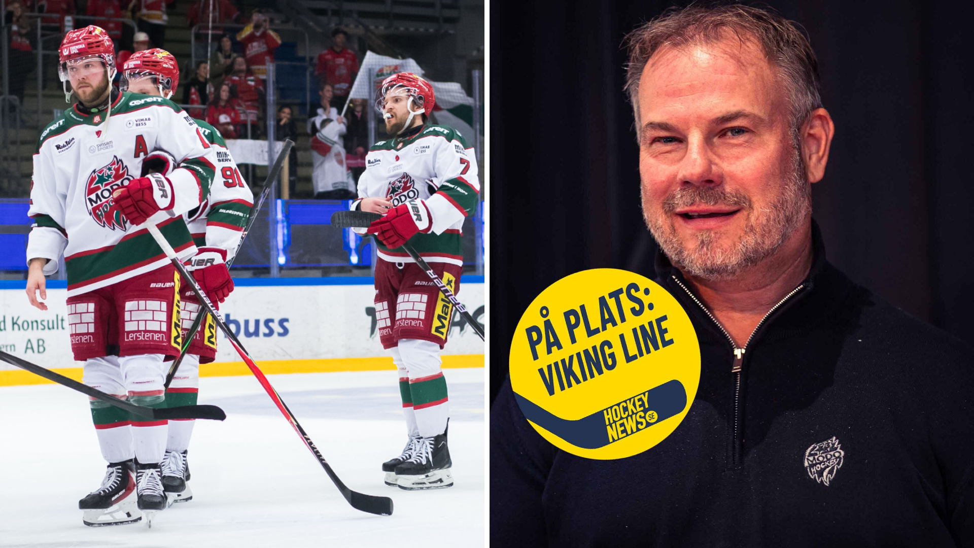 Bildkollage med ishockeyspelare på isen och en leende man i mörk tröja, med en dekal där det står "På plats: Viking Line".