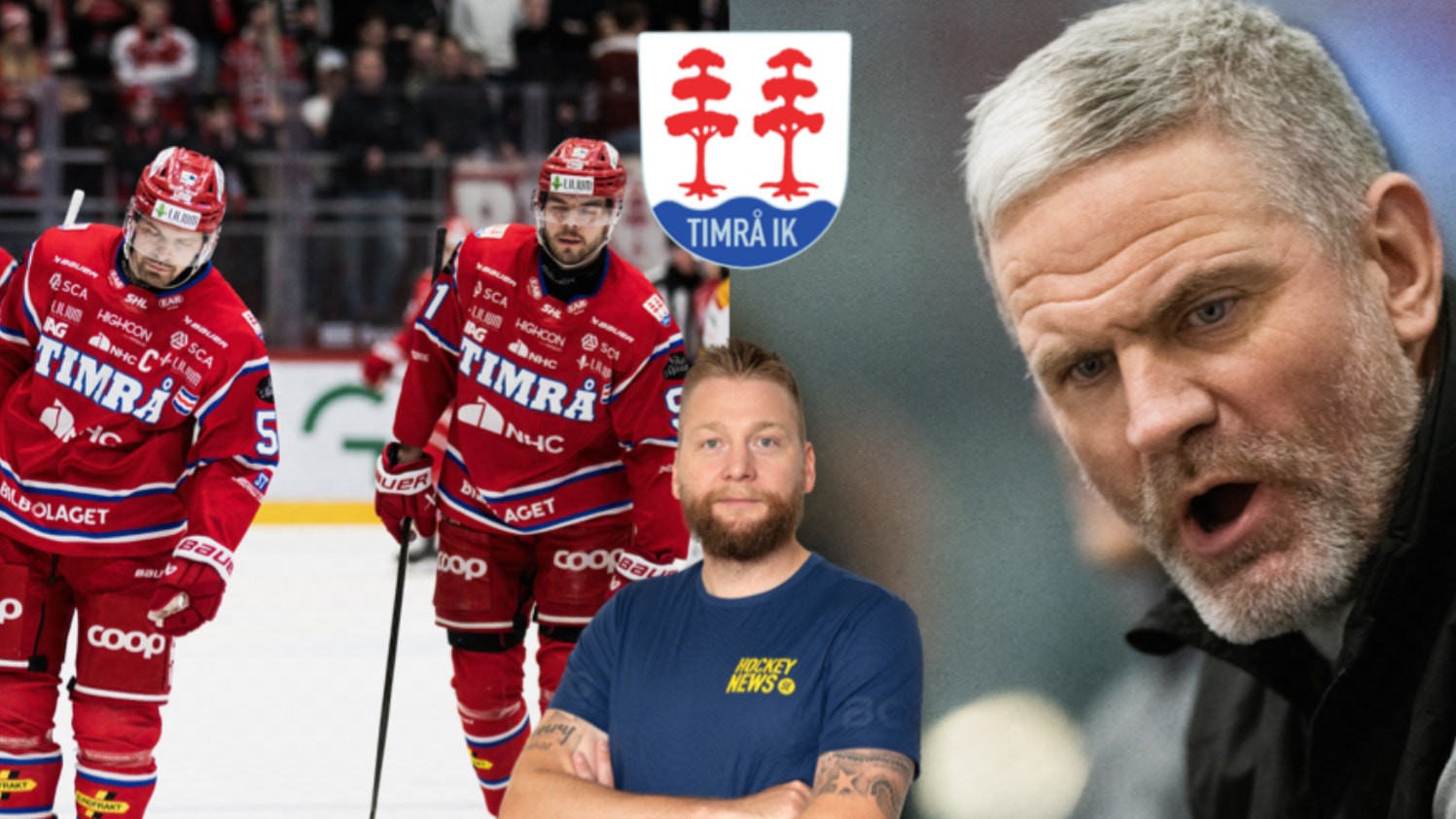 Collage med hockeyspelare i röda TIMRÅ IK-trikåer, en man i mörkblå tröja och en porträttbild av en äldre man med grått hår. TIMRÅ IK-logon är synlig i bilden.