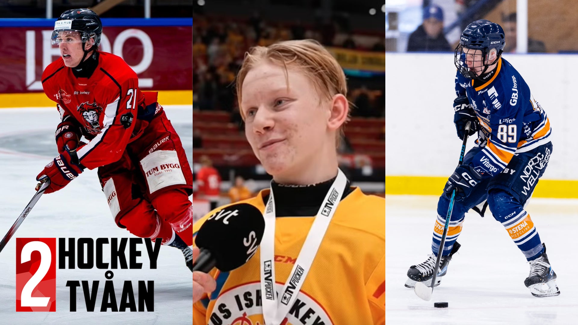 Collage med tre ishockeybilder: en spelare i röd tröja med puck, en ung spelare i gul tröja med medalj, och en spelare i blå tröja under match. Logotyp för Hockey Två Årtionde.