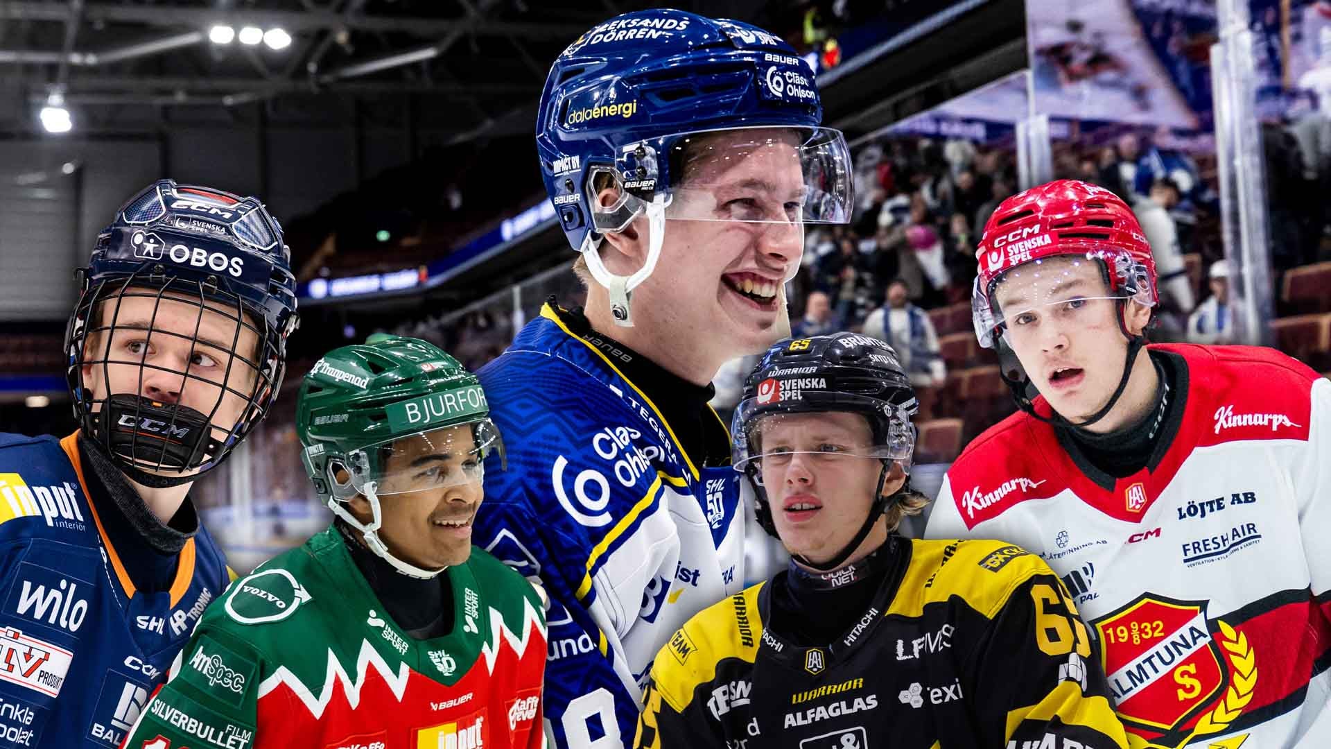 Gruppbild av fem ishockeyspelare i olika färgade trikåer som står tillsammans i en ishall. Spelarna bär hjälmar och ser glada ut.
