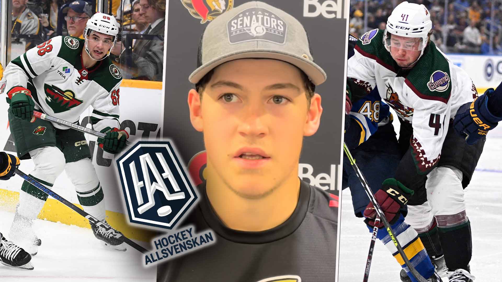 Collage med tre bilder av en ung ishockeyspelare. I mitten en porträttbild av spelaren med Senators-keps, till vänster och höger action-bilder från matcher där spelaren är i spel med hockeyutrustning.