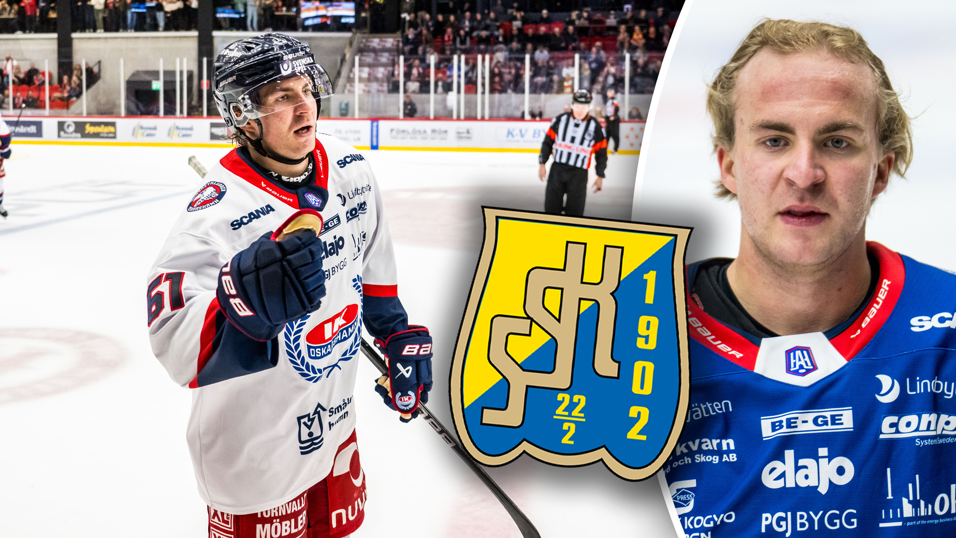 Montage av ishockeyspelare visad i två olika tröjor - en vit och en blå - tillsammans med ett lag-logotyp.
