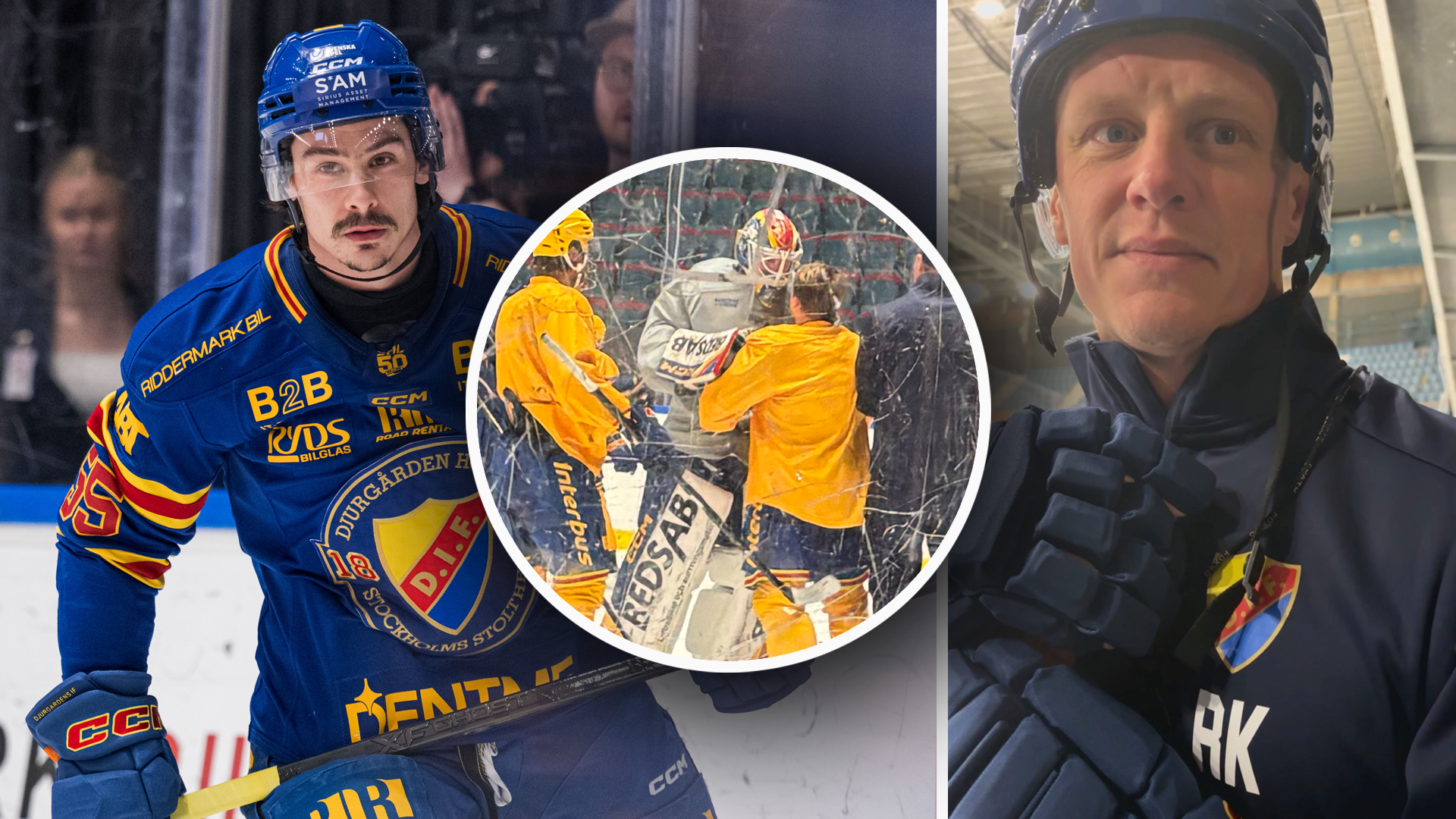 Tre scener från ishockey: spelare i blå och gul tröja, målvakt i gul dräkt, och person i svart jacka med initialerna AK.