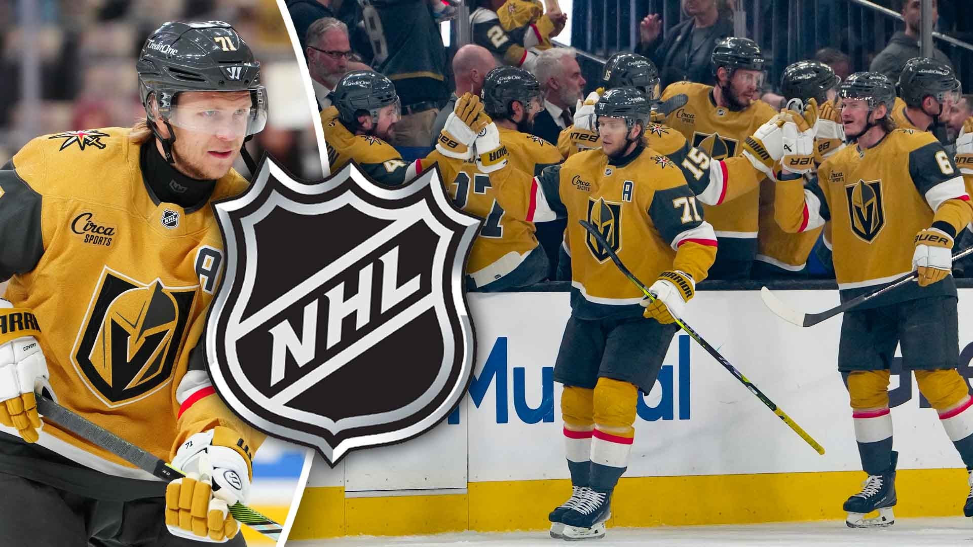 Ishockeyspelare i Vegas Golden Knights gula tröja tillsammans med NHL-logotypen och lagkamrater vid bänken.