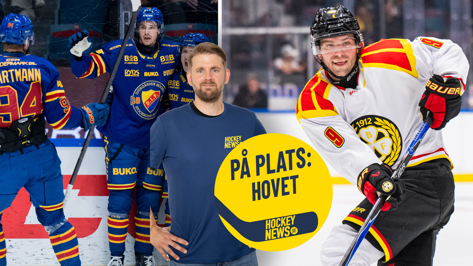 Collage från hockeypublikation som visar ishockeyspelare från olika lag och en man i mörkblå tröja, med texten 'På plats: Hovet' från Hockey News.