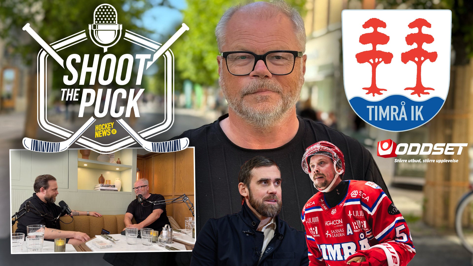 Porträttbild av en man med glasögon och grått skägg. Bilden är omgiven av hockeyrelaterade element inklusive logotypen för Shoot The Puck podcast, två hockeyspelare i röda trikåer och Timrå IK:s vapensköld.
