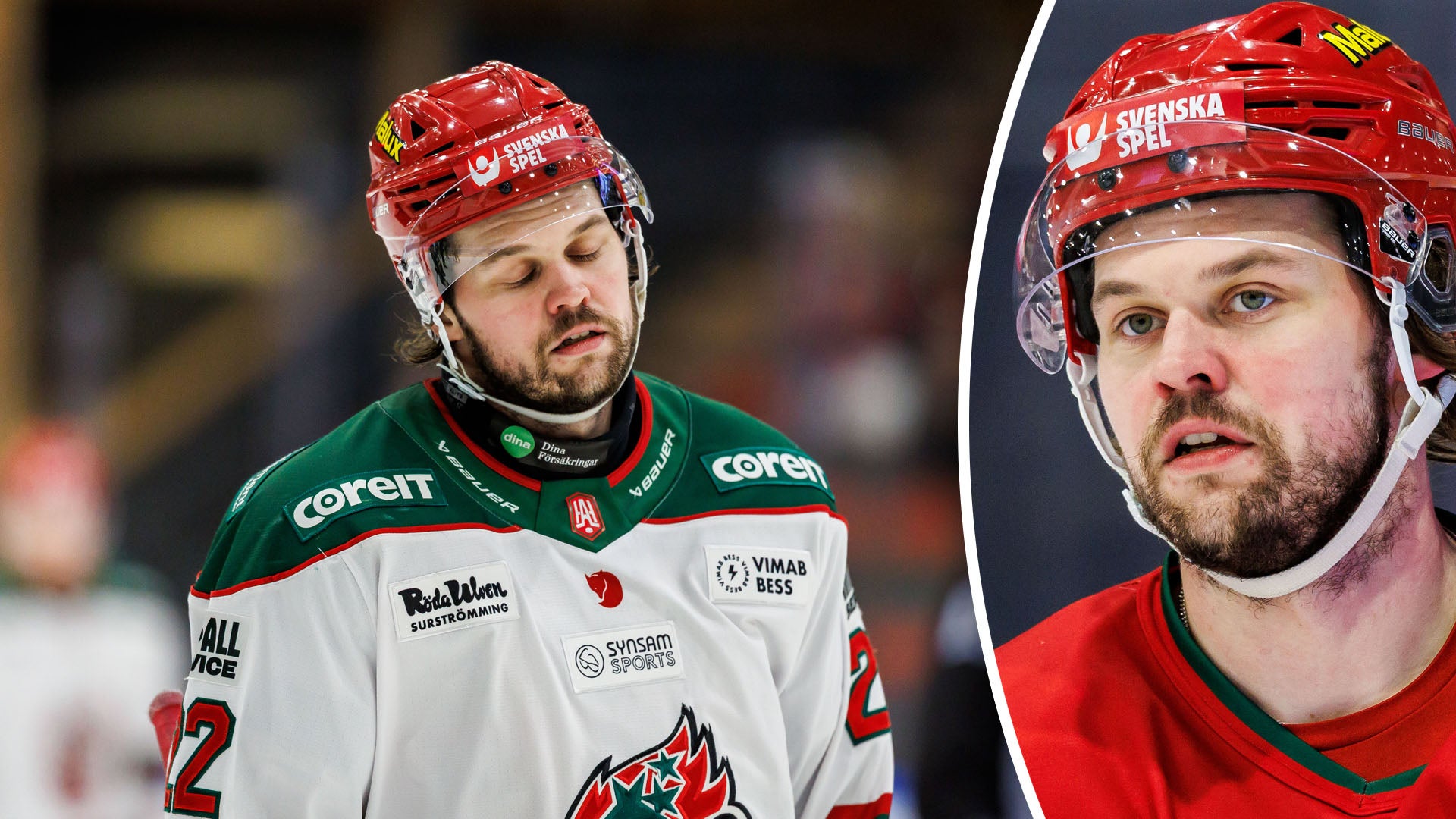 En ishockeyspelare i röd hjälm och vit matchtröja ser nedstämd ut.