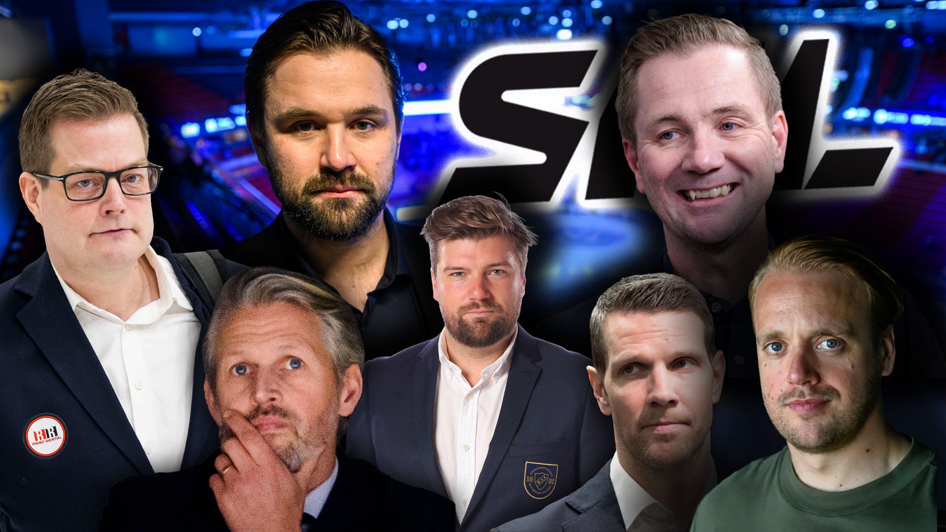 Gruppfoto med sex män framför en blå bakgrund med SHL-logon.