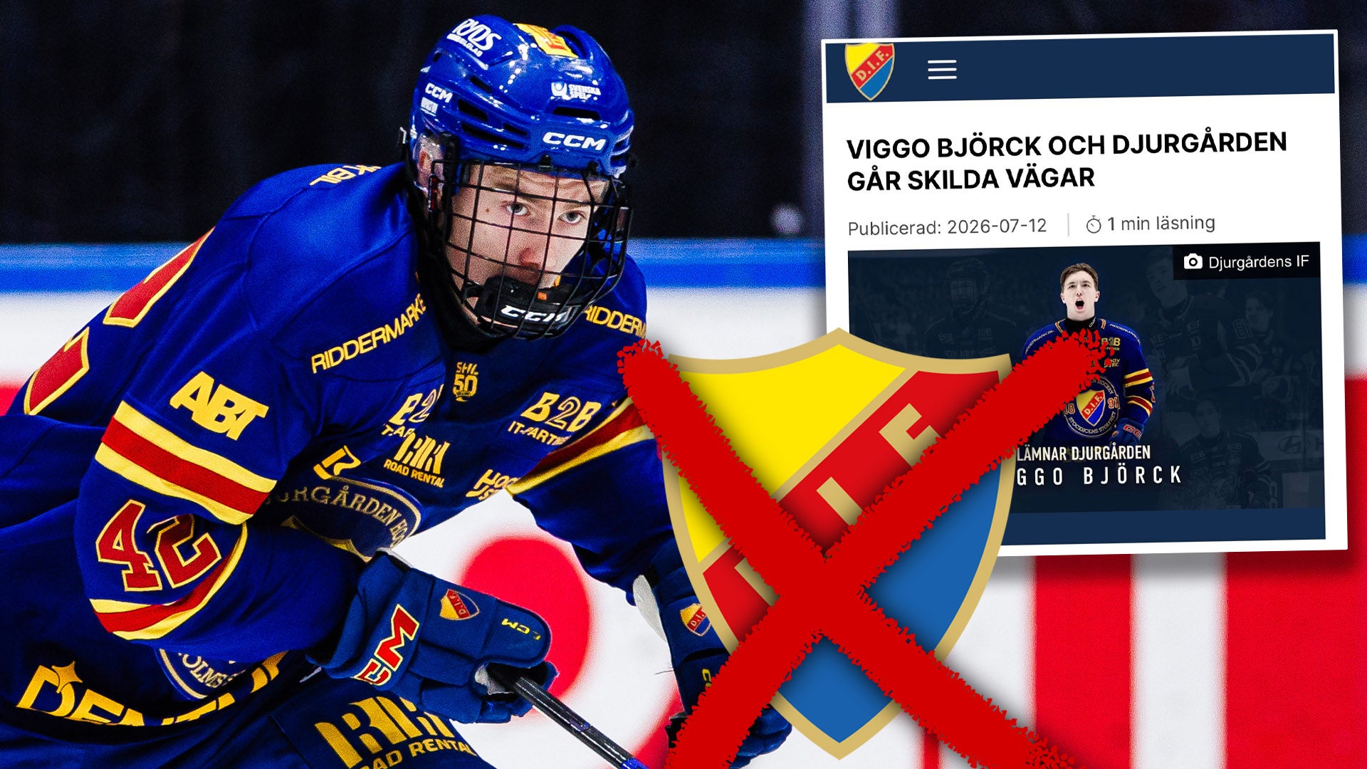 Ishockeyspelare i blå och gul tröja med nummer 45 som håller i en hockeyklubb på isen.