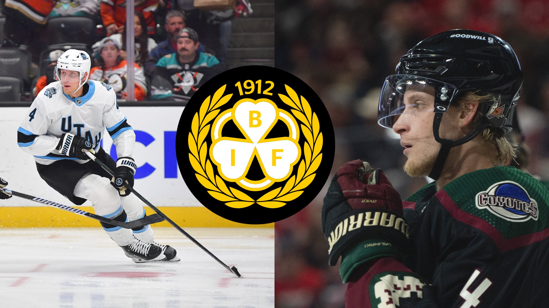 Collage med två hockeyspelare och en gul logotyp med texten BIF från 1912 i mitten. Till vänster en spelare i vit tröja med blåa detaljer, till höger en spelare i mörkblå och röd tröja.