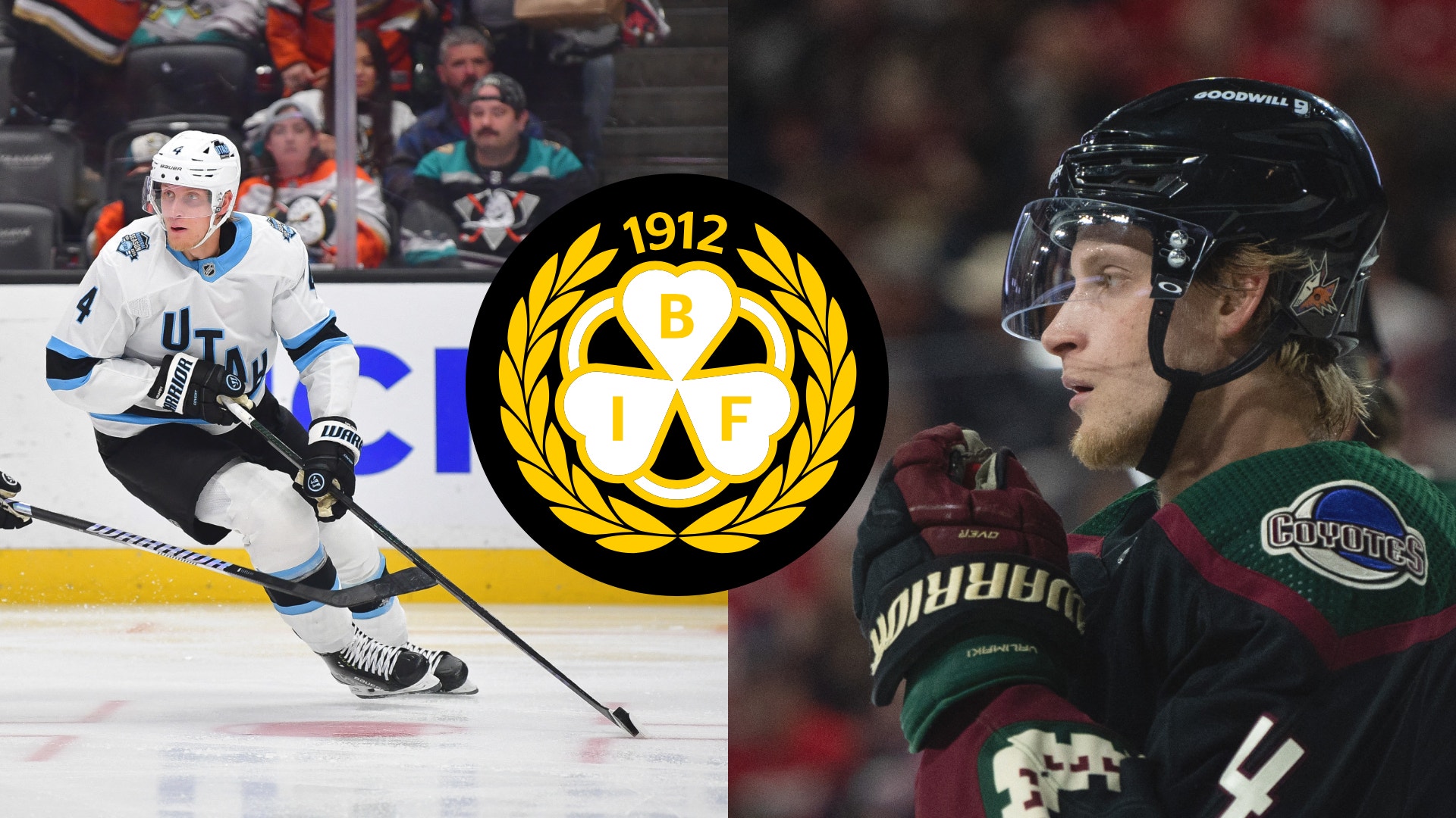 Collage med två hockeyspelare och en gul logotyp med texten BIF från 1912 i mitten. Till vänster en spelare i vit tröja med blåa detaljer, till höger en spelare i mörkblå och röd tröja.