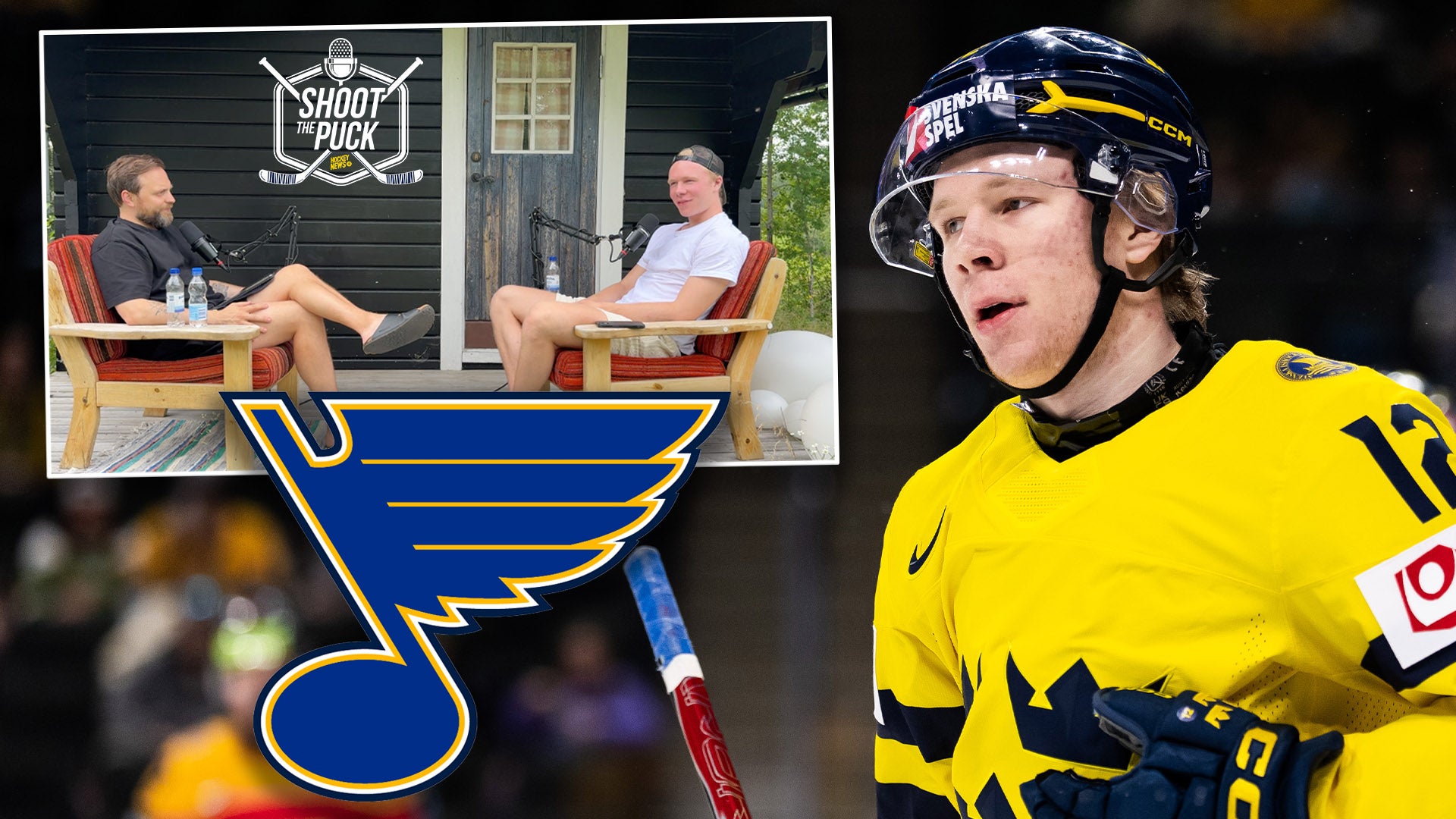 Ishockeyspelare i gul landslagströja med hjälm. Inlagt foto visar två män i diskussion vid ett bord med Shoot the Puck logotyp. St. Louis Blues logotyp synlig.