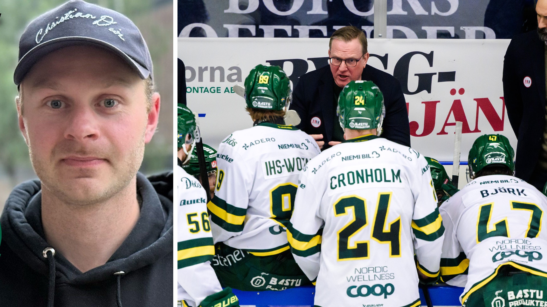 Sammansatt bild: Till vänster porträtt av en man i mörkblå keps. Till höger ishockeylaget sitter på bänken under en match, spelarna är klädda i grönt och vitt.